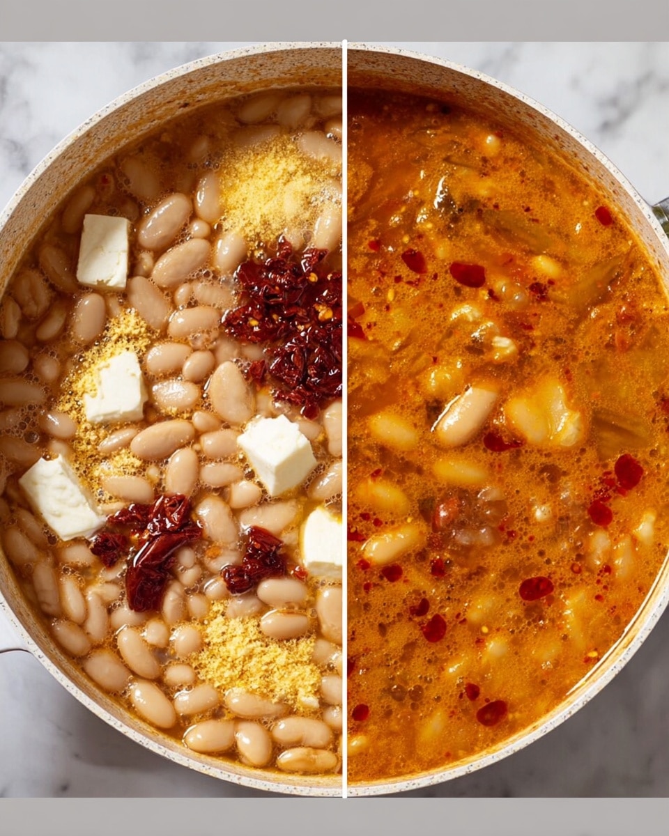 The image shows a close-up of a white pan with two side-by-side photos. On the left side, there are white beans scattered in broth, along with chunks of white soft cheese, minced garlic, yellow cornmeal, and small bits of dried red chilies spread on top. The broth is light brown with some foam on the edges and a mix of red chili oil. On the right side, the same pan shows the beans cooked in a thickened orange-brown broth with a smooth texture and tiny bits of onions and chilies mixed throughout, creating a rich and creamy look. The background is a white marbled texture. Photo taken with an iphone --ar 4:5 --v 7