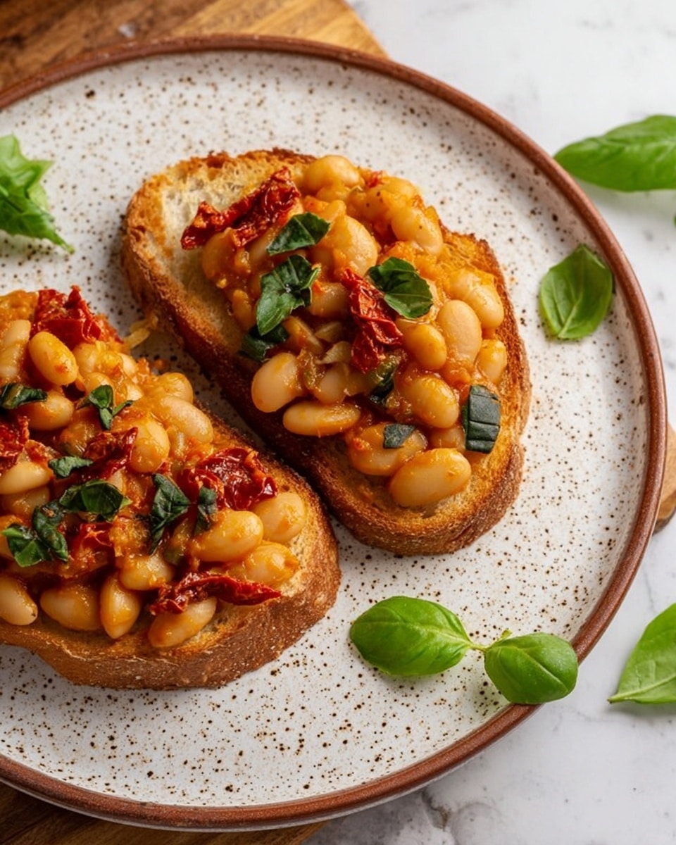 The image shows two slices of toasted bread placed on a white speckled plate with a brown rim, set on a white marbled surface. Each bread slice has a topping of large white beans with a shiny, slightly oily texture, mixed with pieces of red sun-dried tomatoes and scattered fresh green basil leaves. The beans and tomatoes create a warm, golden-orange and red layer over the light brown toasted bread, with some green basil pieces adding color contrast on top and around the plate. Photo taken with an iphone --ar 4:5 --v 7