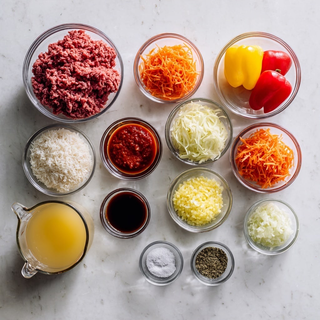 The image shows 11 small glass bowls and one measuring cup, each with a different ingredient arranged neatly on a white marbled surface. The largest bowl holds pale yellow and red bell peppers, positioned in the top right corner. To its left is another large bowl filled with raw ground beef, showing a mix of pink and red textures. Below the peppers, smaller bowls contain bright orange shredded carrots, finely chopped light purple onions, and minced light yellow garlic. Near the center, a bowl with bright red tomato sauce sits next to a smaller bowl with thick, deep red tomato paste. A bowl with uncooked white rice lies to the left of the tomato sauce. The measuring cup at the bottom left holds pale yellow chicken broth. Next to it, two very small glass bowls contain salt and pepper (white and black seasoning) and Italian seasoning (green dried herbs). All items are evenly spaced on the smooth white marbled background. photo taken with an iphone --ar 4:5 --v 7