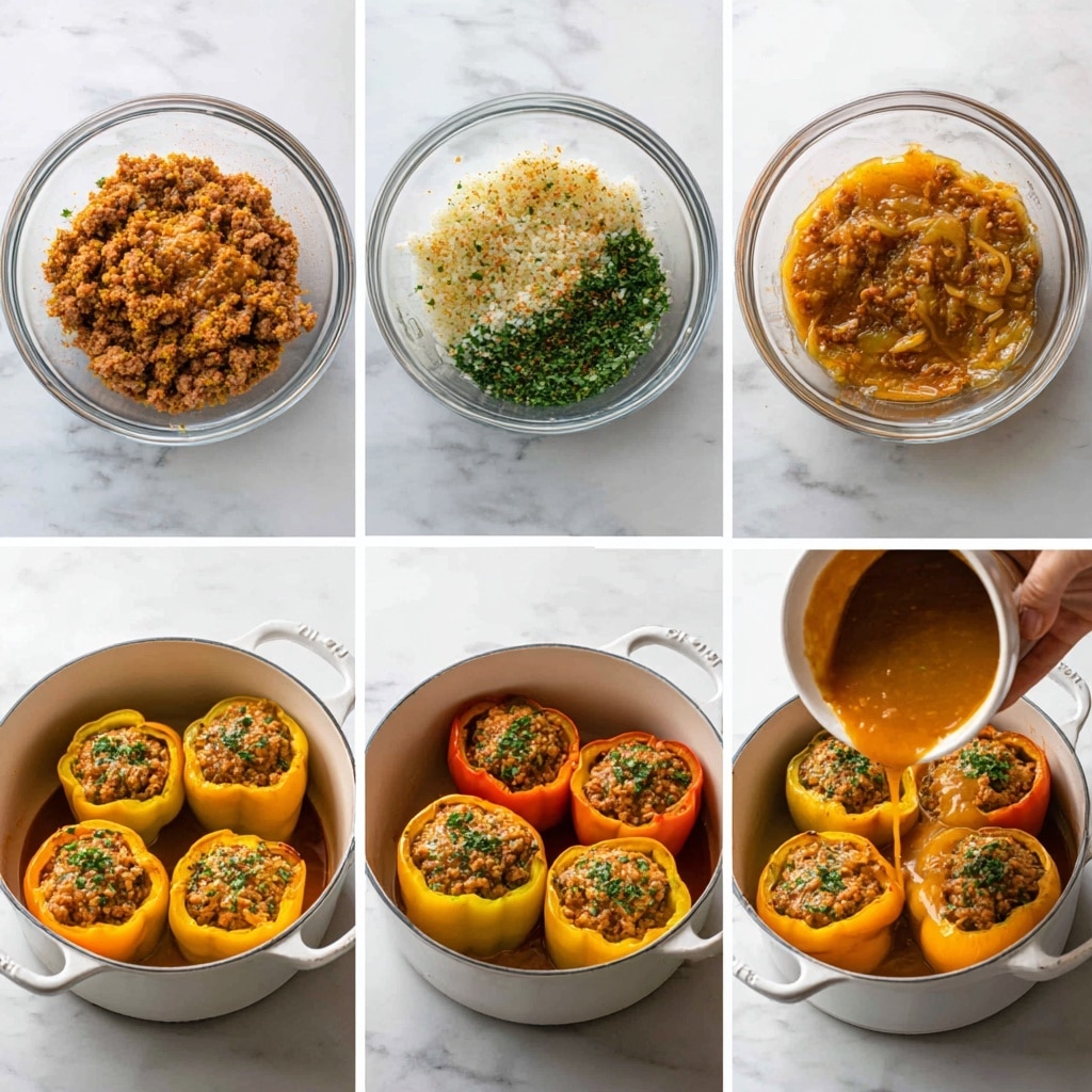 The image shows a step-by-step visual of making stuffed peppers and onions. The first frame has a clear glass bowl with layers of raw ground meat, orange spices, green dried herbs, white chopped onion, and small red marks on top. The second frame shows the ingredients mixed into a uniform light brown and orange textured mixture in the bowl. The third frame presents a white pot filled with hollowed yellow peppers and one red pepper, all stuffed with the meat mixture, showing a rough, chunky texture on top. The fourth frame depicts a woman's hand pouring a thick, smooth orange-colored liquid sauce over the stuffed vegetables in the pot. The fifth frame shows the pot tightly packed with the stuffed yellow and red peppers, the tops textured with raw stuffing, waiting to cook. The final frame reveals the cooked stuffed peppers and onions inside the pot, browned and slightly crispy on top with green herbs sprinkled all over, and some liquid sauce pooled at the bottom. The white marbled surface is visible beneath the pot in all frames. photo taken with an iphone --ar 4:5 --v 7