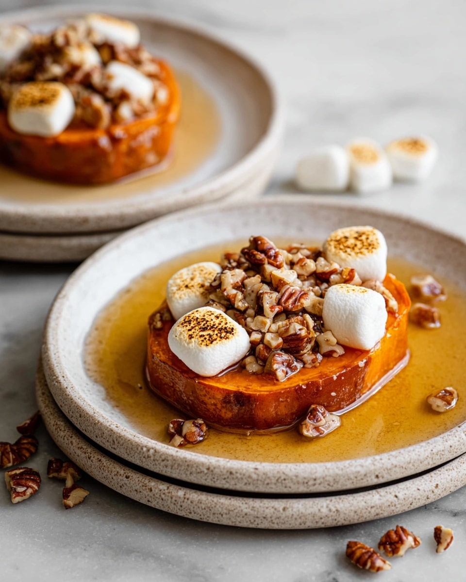 The image shows two thick round slices of orange sweet potato, each topped with a layer of chopped brown nuts and small white toasted marshmallows with light brown spots. The slices sit in a shallow pool of amber syrup on a stack of three white plates with a rough edge texture. Some marshmallows and nuts are scattered near the plates on a white marbled surface. Photo taken with an iphone --ar 4:5 --v 7