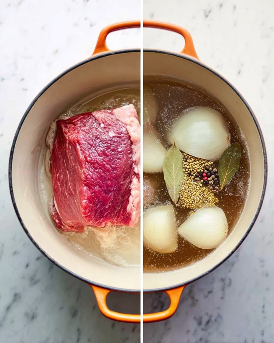 The image is split into two side-by-side photos, both showing a white pot with an orange handle on a white marbled surface. In the left photo, a raw piece of beef with a bright red color and some white fat is lying at the bottom of the pot on a layer of melted fat. In the right photo, the same beef piece is inside the pot filled with clear broth, floating with four large pieces of peeled white onion, whole black peppercorns, a few dried bay leaves, and a small pile of yellow mustard seeds. The broth creates a clear, slightly glossy layer over the ingredients. Photo taken with an iphone --ar 4:5 --v 7