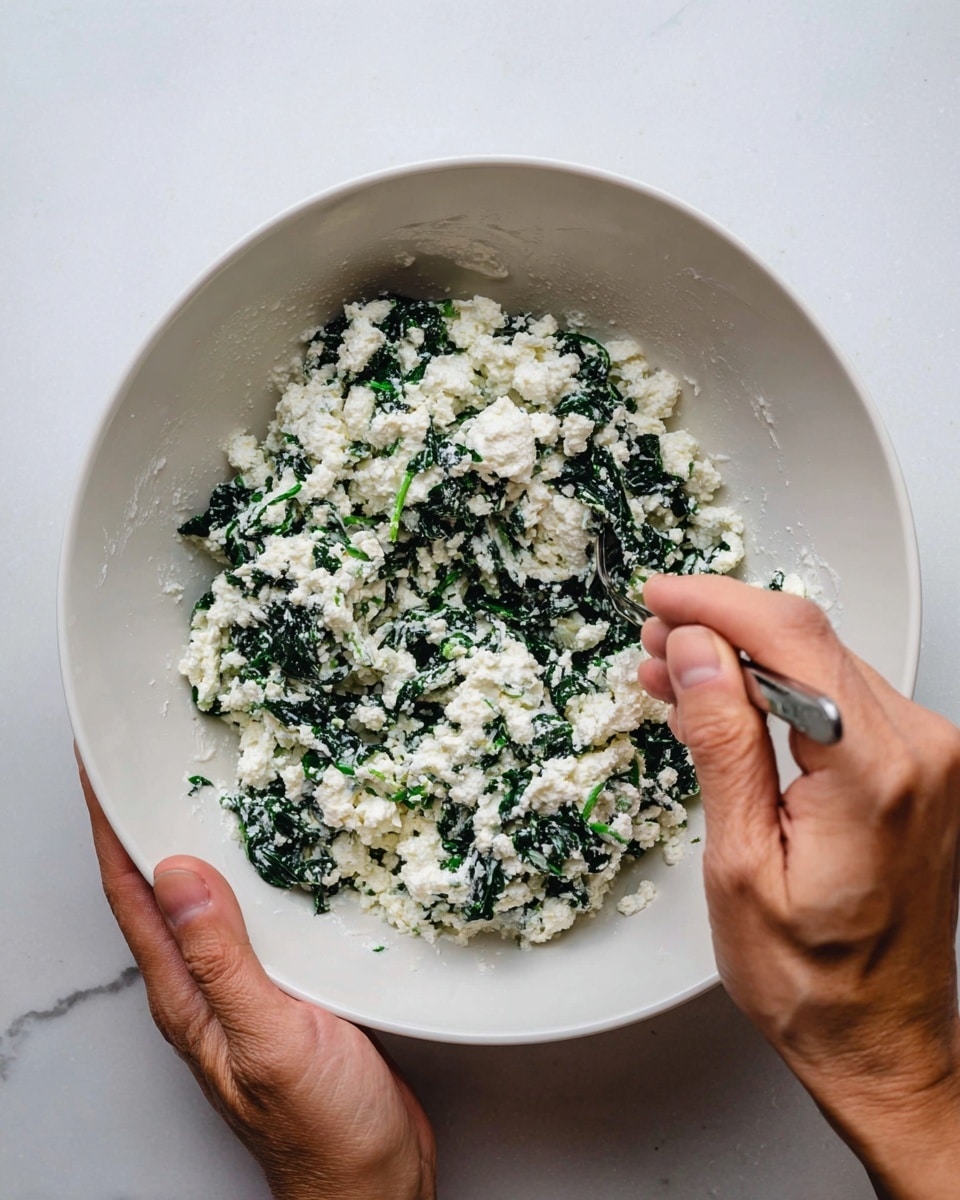 A white bowl filled with a mix of white ricotta cheese and dark green spinach leaves, showing a crumbly and creamy texture combined evenly. Two woman's hands are visible, one holding the bowl steady from the side and the other stirring the mixture with a small silver spoon. The background is a white marbled surface, highlighting the fresh and simple appearance of the cheese and spinach mix. Photo taken with an iphone --ar 4:5 --v 7