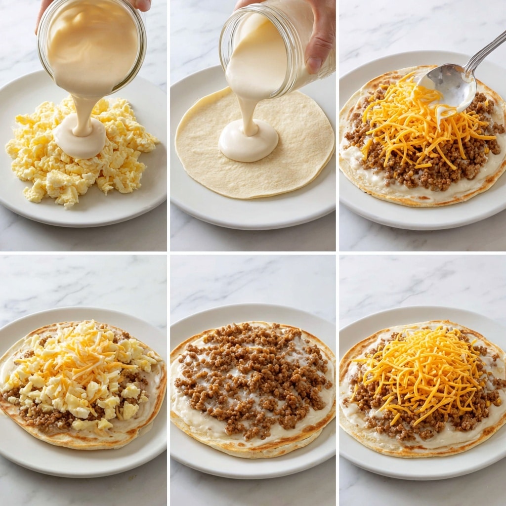 The image shows six white bowls arranged on a white marbled surface with three low carb tortillas overlapping in the center. The top left bowl contains a light beige sausage mix with a slightly crumbly texture. Four white eggs sit together in a fluted white bowl on the upper right. Below the eggs is a bowl filled with bright orange shredded cheddar cheese. To the bottom left is a small bowl of finely ground, pale yellow nutritional yeast. At the bottom center is a bowl of white cottage cheese with a lumpy texture. The setup looks clean and simple with all ingredients separated and easy to see, photo taken with an iphone --ar 4:5 --v 7