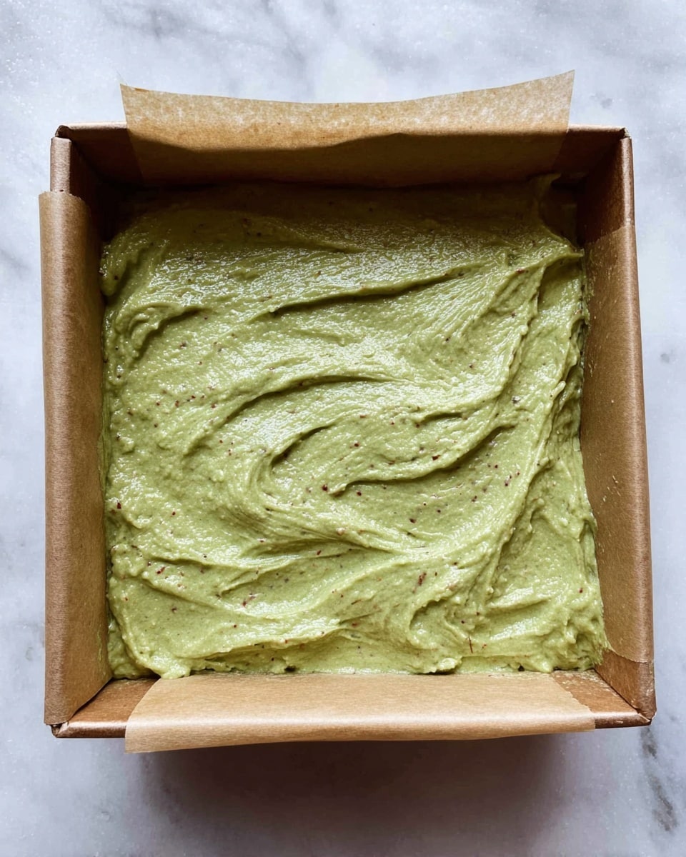 The image shows one layer of green batter spread unevenly inside a square cardboard container lined with brown parchment paper. The batter has a thick texture with some small visible specks of darker green and red, and the surface is roughly smoothed with gentle swirls and ridges. The container sits on a white marbled surface. photo taken with an iphone --ar 4:5 --v 7
