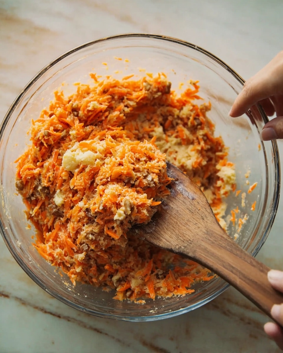 A clear glass bowl holds a mix of shredded orange carrots, light beige mashed chunks, and small brown nut pieces, all combined together with a slightly crumbly texture. A woman's hand grips a thick wooden spatula lifting a portion of this mixture, showing the ingredients blending closely. The bowl sits on a white marbled surface, and the light softly highlights the different textures and colors of the mix. Photo taken with an iphone --ar 4:5 --v 7