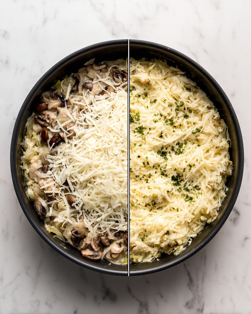 The image shows two side-by-side photos of a round black pan on a white marbled surface. In the left photo, the pan is filled with a cooked mushroom and onion mix topped with a thick layer of white shredded cheese covering the entire surface. In the right photo, the same pan shows the melted cheese browned unevenly on top, with some green herb flakes sprinkled lightly across the surface, and the mushroom mixture visible around the edges beneath the cheese. Photo taken with an iphone --ar 4:5 --v 7