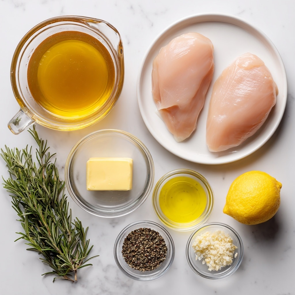 The image shows six cooked chicken pieces with a browned and seasoned surface, topped with small green rosemary sprigs. They are arranged close together on a pan with a light brown sauce or oil creating a shiny texture around them. Bright lemon wedges are placed on top and between the chicken pieces, adding a fresh yellow contrast. The pan's metal edge is slightly visible, and the background is a white marbled texture. photo taken with an iphone --ar 4:5 --v 7