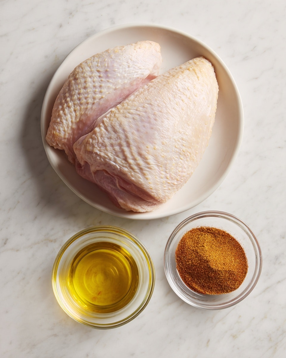 A white plate sits on a white marbled surface holding a raw bone-in turkey breast with pale pink and light beige skin textures. Below the plate, two small clear glass bowls are placed side by side; the left one contains golden yellow olive oil, and the right one holds reddish-brown rotisserie seasoning powder. The colors of all items contrast softly against the bright, clean marbled background. photo taken with an iphone --ar 4:5 --v 7