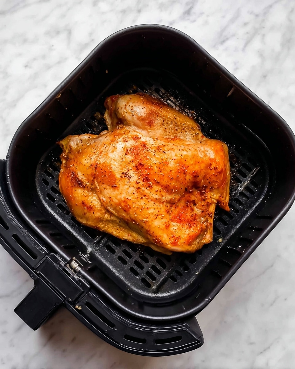 A single large piece of cooked chicken with golden-brown skin rests inside a black air fryer basket, showing slight crispiness and a light seasoning visible on the surface. The chicken piece occupies most of the basket, which has a grid design underneath, with the basket placed on a white marbled surface. The photo is taken from above, capturing the smooth texture of the cooked skin and the contrast between the chicken and the dark air fryer basket. photo taken with an iphone --ar 4:5 --v 7