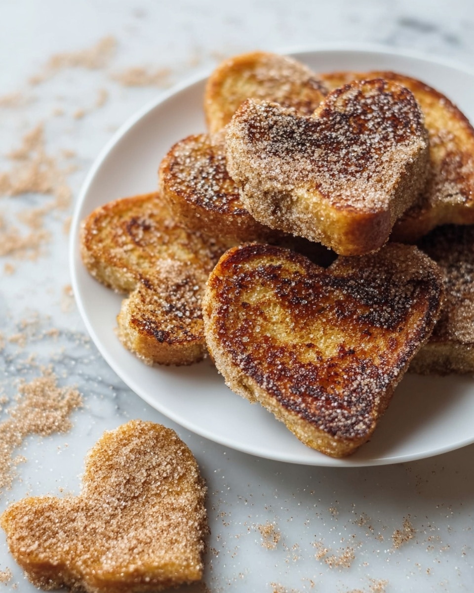 A white plate filled with several heart-shaped pieces of golden brown toast, each coated with a sparkling layer of cinnamon sugar, stacked in a casual pile with some overlapping. The toast has a slightly crispy texture with darker brown grilled marks, giving it a warm and crunchy look. Around the plate and on the white marbled surface below, there are scattered bits of the same cinnamon sugar, adding a rustic touch. One heart-shaped toast piece lies on the surface near the plate, showing the sugar coating clearly. Photo taken with an iphone --ar 4:5 --v 7