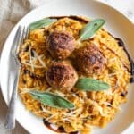 Cheesy Pumpkin Orzo with Turkey Meatballs Recipe