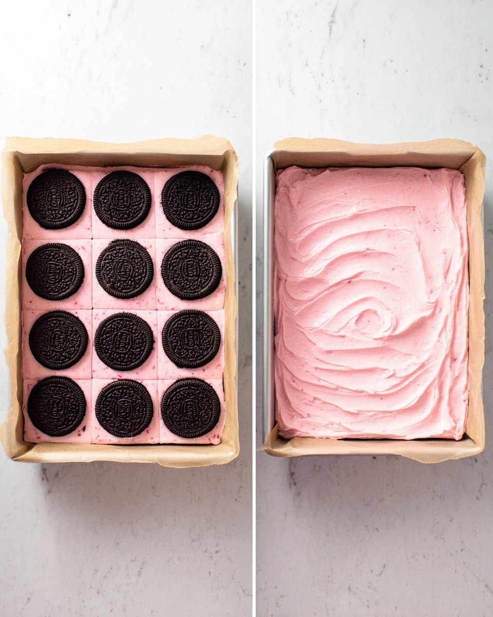The image shows a square baking pan lined with parchment paper. On the left, the first layer is a smooth, light pink creamy spread covering the bottom of the pan, with a grid of 16 round black sandwich cookies evenly placed on top, three rows of four and one row of three. On the right, the second image shows the same pan with the pink creamy layer completely covering the cookies, creating an even, smooth top layer with soft swirled texture. The pan is set on a white marbled surface. photo taken with an iphone --ar 4:5 --v 7