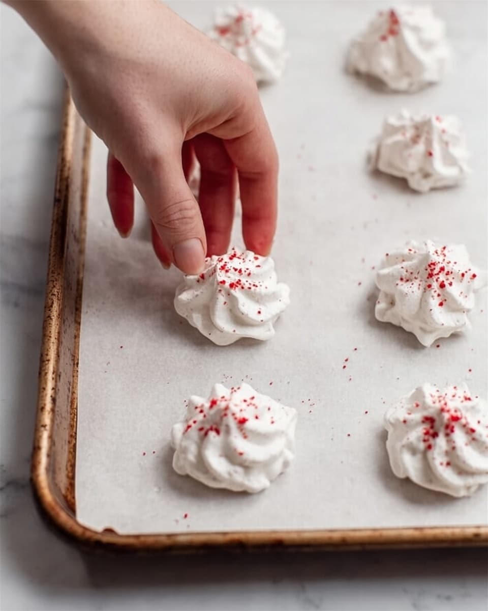A close-up image shows seven small white meringue cookies arranged on a baking tray lined with white parchment paper, placed over a white marbled surface. Each meringue has a rough, swirled texture and is lightly sprinkled with red powder on top. A woman's hand is in the middle of the image, gently placing or adjusting one meringue cookie in the center of the tray. The baking tray has a slightly worn brown metal edge. photo taken with an iphone --ar 4:5 --v 7