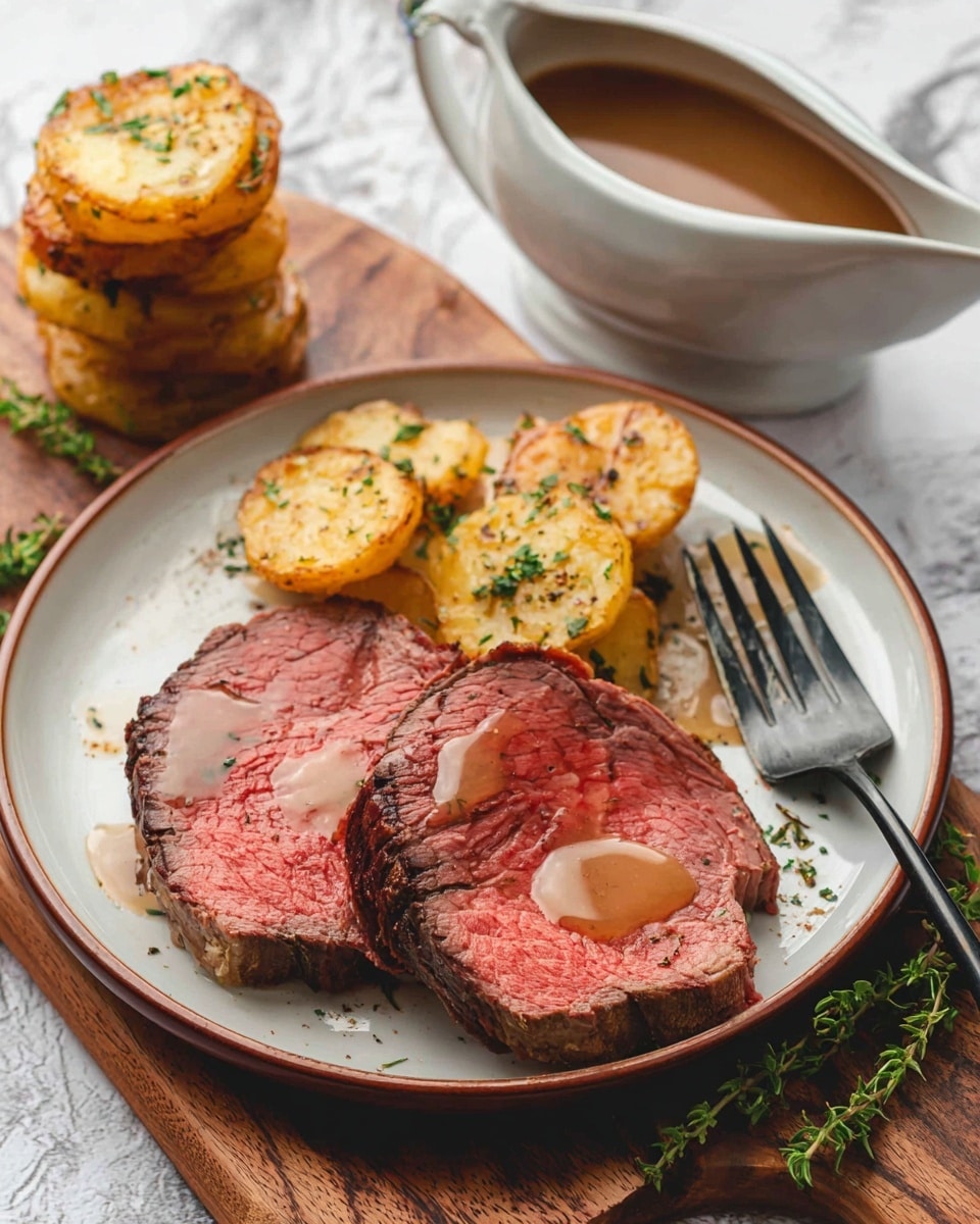 Two thick slices of cooked red meat with a brown crust and pink middle are placed on a white plate with a brown rim, the top slice has a small pool of light brown sauce. Next to the meat, on the left side, are two small stacks of golden brown roasted potato slices sprinkled with green herbs. On the right side, a black fork rests near the meat. The plate sits on a wooden board garnished with green herb sprigs. To the right side on the board is a silver gravy boat filled with light brown sauce. The background has a white marbled texture. photo taken with an iphone --ar 4:5 --v 7