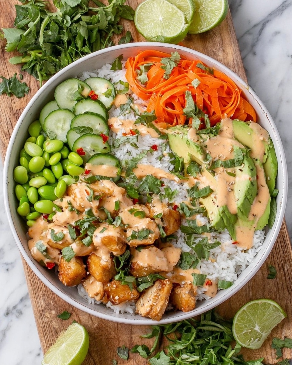 The image shows a white bowl filled with fluffy white rice as the base layer, topped with golden-brown fried pieces covered in a light creamy sauce. There are thin green herb leaves and chopped scallions scattered over the fried pieces. To the side, there are thinly sliced bright orange carrot ribbons and chunks of green avocado. The bowl sits on a white marbled surface with a lime wedge near its edge, and a spoon is drizzling creamy sauce over the fried pieces, held by a woman's hand. Photo taken with an iphone --ar 4:5 --v 7