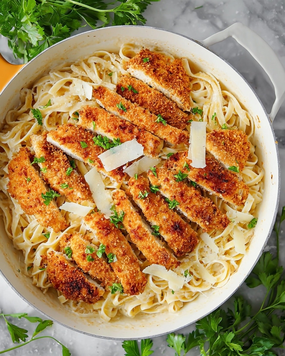 A white pan filled with creamy light beige fettuccine noodles spread out as the bottom layer, topped with several pieces of golden brown crispy breaded chicken cut into strips and placed in a scattered arrangement. The chicken strips show a crunchy textured coating with a few small bits of green parsley leaves sprinkled on top, along with thin shavings of white cheese adding a final touch. The pan rests on a white marbled surface with some fresh green parsley sprigs nearby. Photo taken with an iphone --ar 4:5 --v 7