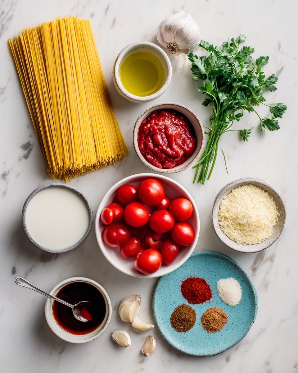 The image shows different ingredients placed on a white marbled surface. At the top, there is a neat stack of uncooked yellow pasta strands. On the left side, from top to bottom, there is a small round bowl with light green olive oil, a whole purple onion, three peeled garlic cloves, a white bowl filled with bright red cherry tomatoes, a small white container holding red tomato paste, and a small bunch of fresh green parsley lying flat. On the right side, there is a small white triangular bowl with dark red chili oil, a medium white bowl filled with creamy dairy-free milk, a round gray bowl with light yellow vegan parmesan and a silver spoon inside, and a small round turquoise plate holding small piles of spices arranged in a circle: deep red smoked paprika, brown ground cumin, pale yellowish onion powder, white salt, and pale garlic powder. Each ingredient is labeled clearly in simple black text. photo taken with an iphone --ar 4:5 --v 7
