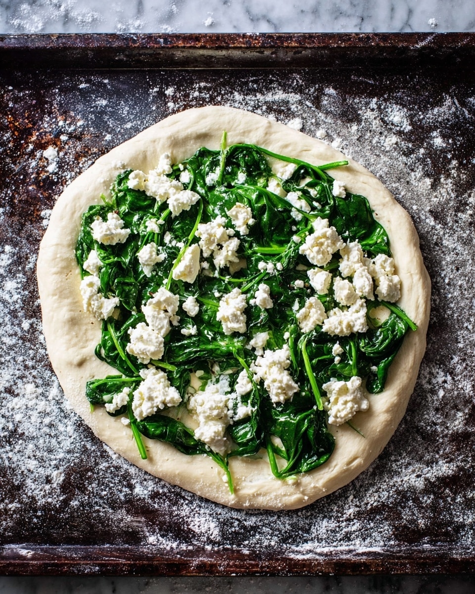 A round pizza with a thick light golden crust is sliced into eight pieces, resting on white parchment paper over a white marbled surface. The pizza is topped with a layer of melted white cheese, scattered dollops of soft white ricotta, dark green leafy spinach, and strips of dark brown sun-dried tomatoes. Small bits of fresh chopped green herbs are sprinkled across the top, along with a light dusting of red chili flakes, adding texture and color contrast. Photo taken with an iphone --ar 4:5 --v 7