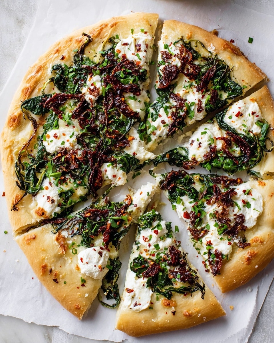 A single round dough base with a light beige color and soft texture sits centered on a well-used dark baking tray sprinkled with flour. On top of the dough, there is a layer of cooked bright green spinach covering most of the surface, with scattered dollops of white, crumbly ricotta cheese spread evenly over the spinach. The background features a white marbled texture. Photo taken with an iphone --ar 4:5 --v 7