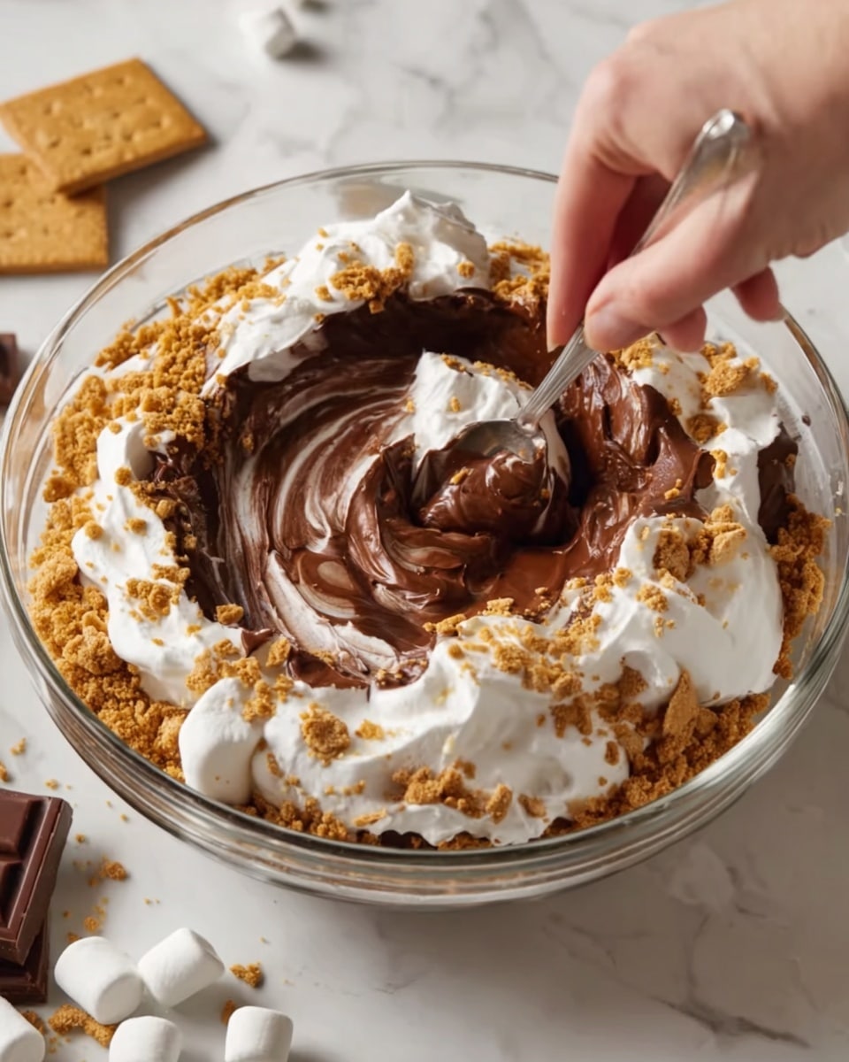A clear glass bowl on a white marbled surface holds a layered dessert mix. The bottom layer is crushed light brown crackers scattered unevenly, topped by thick, smooth dark brown chocolate pudding. Dollops of fluffy white whipped cream are spread over the chocolate layer, with more cracker pieces sprinkled on top. A woman's hand with a spoon is stirring the layers together in the middle of the bowl, creating swirling patterns of chocolate and cream. Pieces of chocolate bars and small white marshmallows are scattered nearby on the surface. Photo taken with an iphone --ar 4:5 --v 7