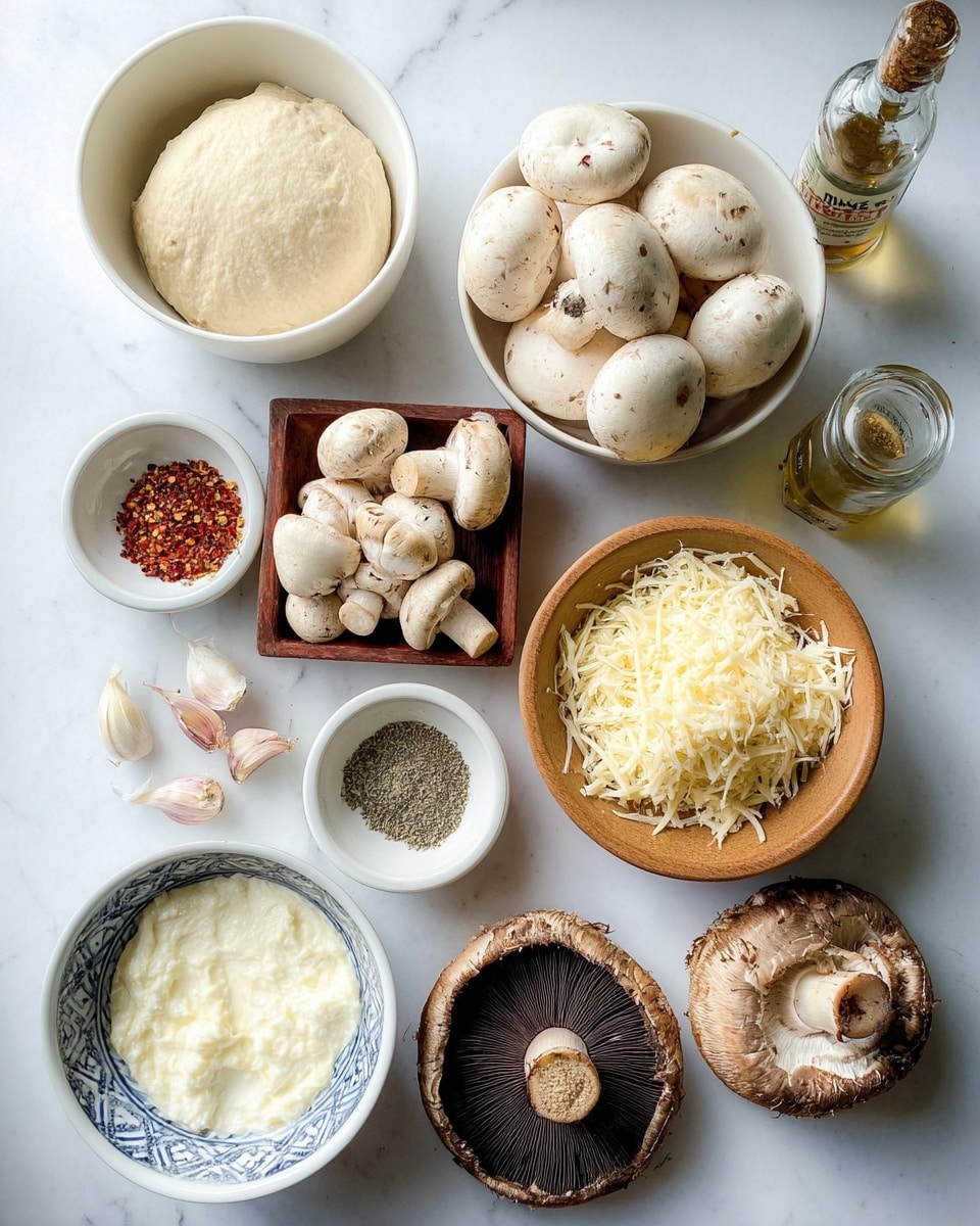The image shows various cooking ingredients arranged neatly on a white marbled surface. At the top, there is a white bowl with light beige dough inside, smooth in texture. To the right, a white bowl holds whole white mushrooms, round and fresh. Below the mushrooms, a light brown wooden bowl has a heap of shredded pale yellow cheese, soft and fluffy. Next to it, a small square wooden dish contains a scoop of creamy white cheese, thick and smooth. On the left side, a white and blue patterned bowl is filled with light brown mushrooms that have darker spots. There are also three small white bowls with different seasonings: one with red chili flakes, one with dried herbs, and one with salt and pepper. A bulb of garlic with some cloves peeled is placed near the center. At the bottom, a large dark mushroom with a detailed, dark brown gill pattern is visible. A bottle of oil stands in the top right corner. The setup is simple and clean, showing fresh ingredients with different colors and textures. photo taken with an iphone --ar 4:5 --v 7