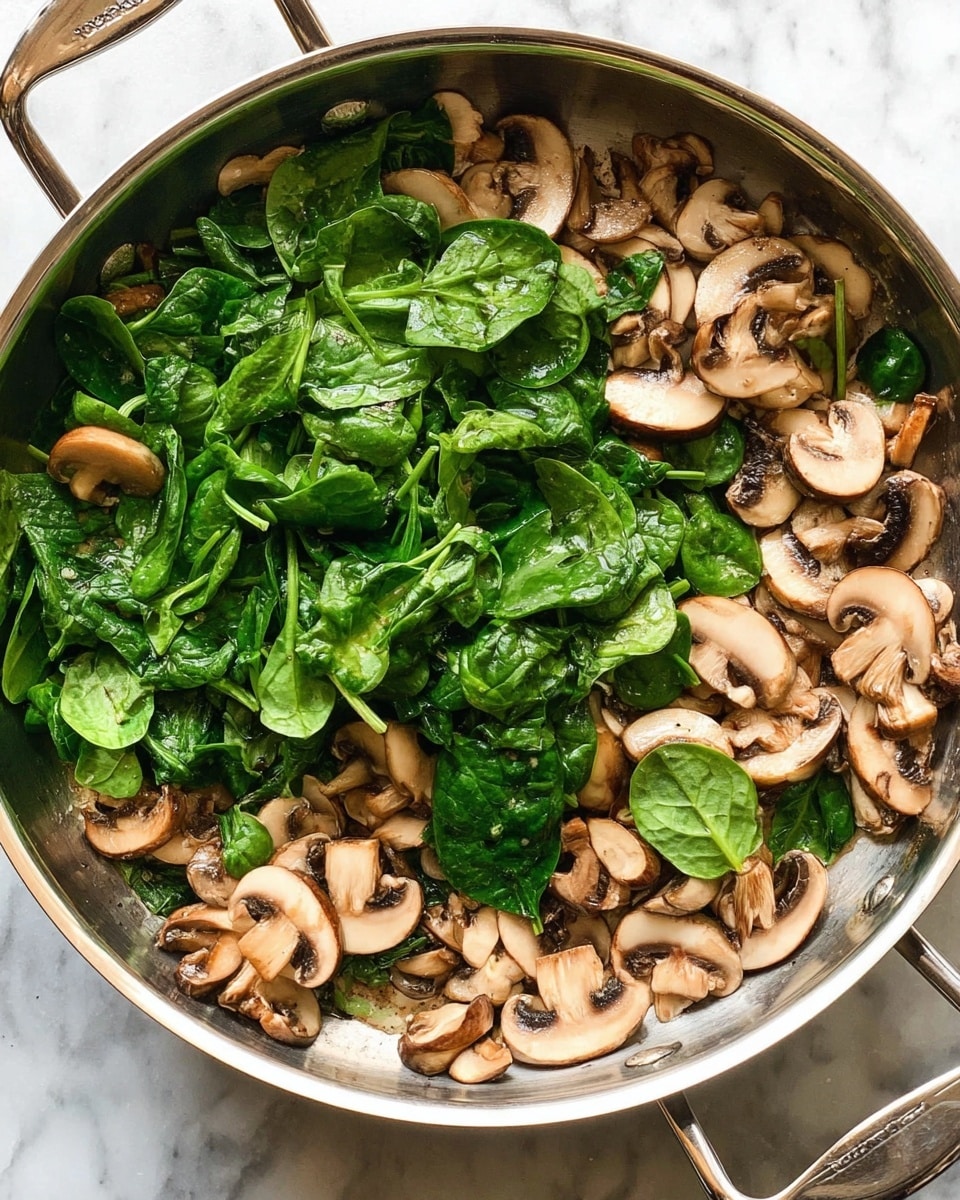 A large metal pan filled with two main layers: the bottom layer shows sliced brown mushrooms with smooth, slightly browned surfaces and the top layer is fresh, bright green spinach leaves scattered unevenly across the mushrooms. The pan has a shiny, silver color with sturdy handles on either side, placed on a white marbled surface. photo taken with an iphone --ar 4:5 --v 7
