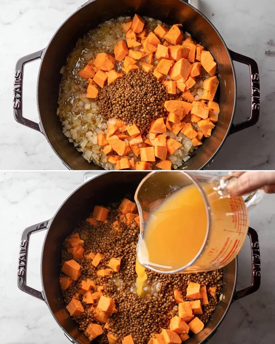 The image shows a two-part cooking scene inside a large black pot with metal handles labeled