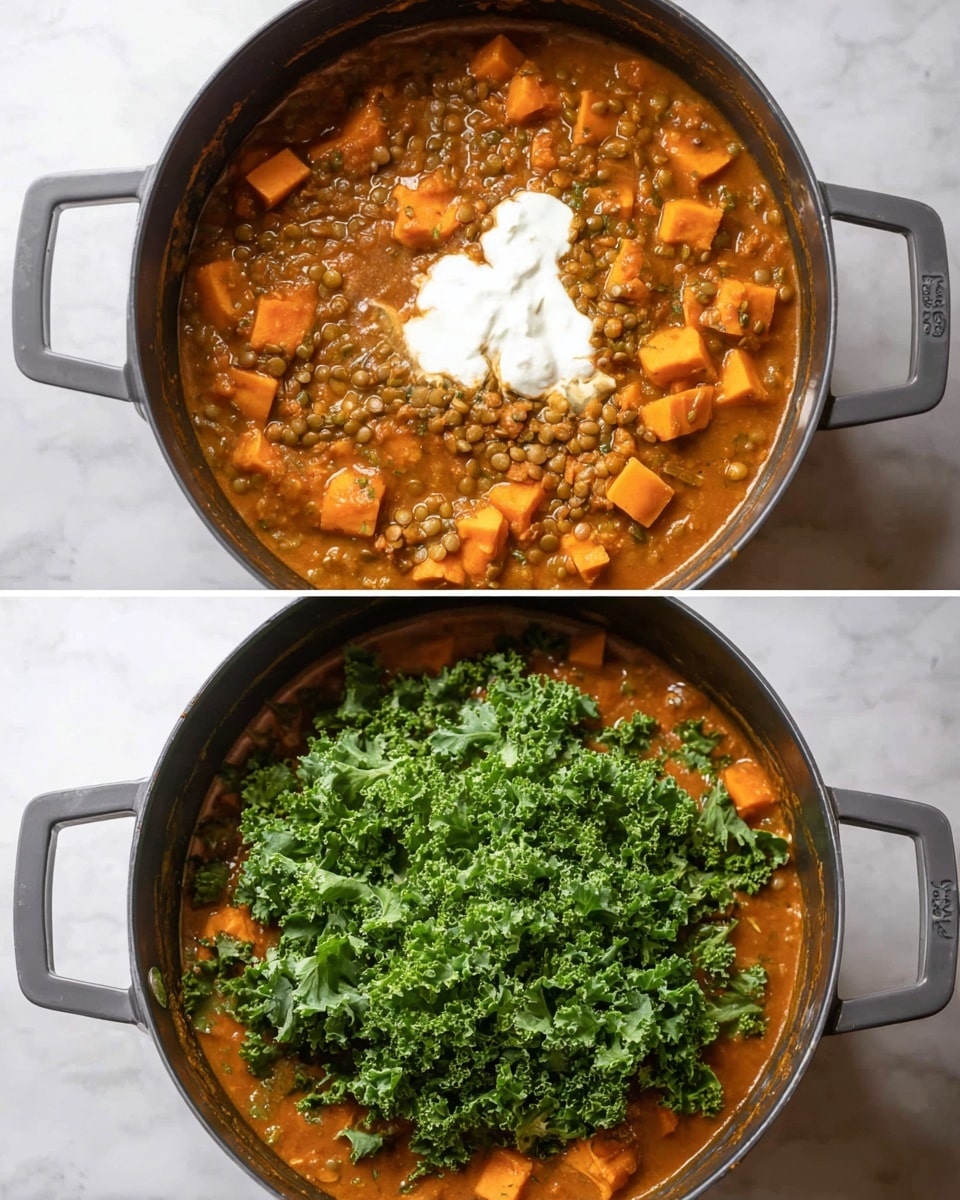 The images show a large round gray metal pot filled with a thick orange-brown stew with chunks of orange sweet potato and small brown lentils. In the first image, the stew has a dollop of white cream in the center. In the second image, the stew is topped with a large heap of bright green curly kale leaves spread evenly across the surface. The pot is on a white marbled surface, and the handles of the pot are visible on both sides. Photo taken with an iphone --ar 4:5 --v 7