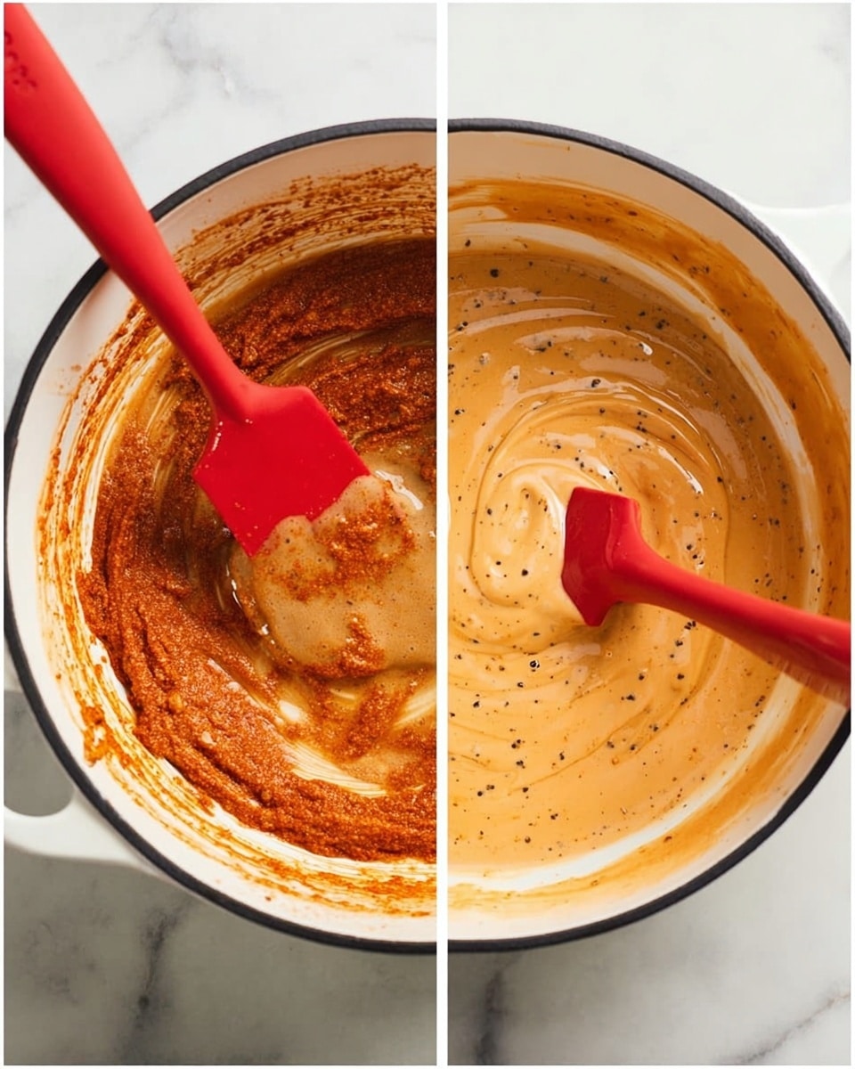 The image shows two side-by-side pictures of a white pot with a black rim on a white marbled surface. In the left picture, a thick reddish-brown paste with visible spices is being mixed with a red spatula, while a clear liquid is pouring from a glass into the pot, creating a contrast between the dark paste and the light liquid. In the right picture, the mixture has transformed into a smooth, light orange sauce with black specks and a creamy texture, evenly swirled around the pot by the red spatula resting in the center. The pot’s interior is glossy, highlighting the sauce’s rich melt, photo taken with an iphone --ar 4:5 --v 7