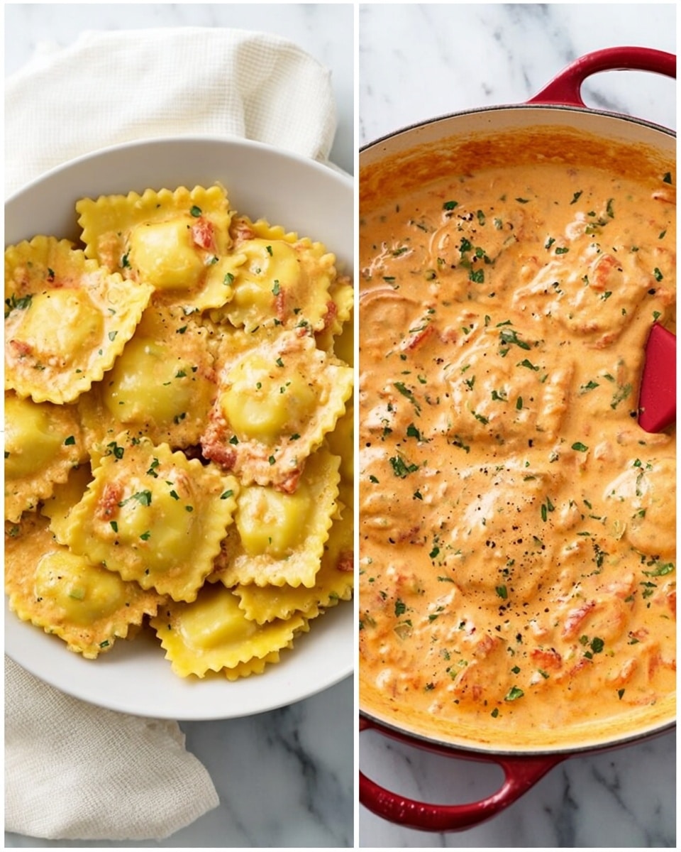 A white bowl filled with two layers: the bottom layer is a creamy orange sauce with visible bits of chopped tomatoes and herbs mixed throughout; the top layer in the left image shows a heap of yellow ravioli pasta with scalloped edges placed over the sauce, while in the right image, the ravioli is mixed into the sauce fully, showing a thick, rich texture with the pasta squares evenly coated and small green herb pieces scattered on top. The bowl sits on a white marbled surface with a white cloth nearby, and a red spatula is partially visible on the right side in the left image; photo taken with an iphone --ar 4:5 --v 7
