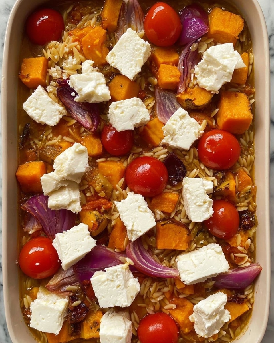 This image shows a dish with three main layers. The bottom layer has orange chunks of cooked pumpkin or squash mixed with sliced purple onions and light brown orzo pasta spread evenly across a white marbled surface. On top of this, there are many bright red cherry tomatoes scattered around. The top layer consists of large, uneven cubes of white cheese, spread out across the whole dish. The textures show a mix of soft cooked vegetables, firm tomatoes, and smooth cheese. The overall color mix is warm with orange, red, purple, and white hues. Photo taken with an iphone --ar 4:5 --v 7