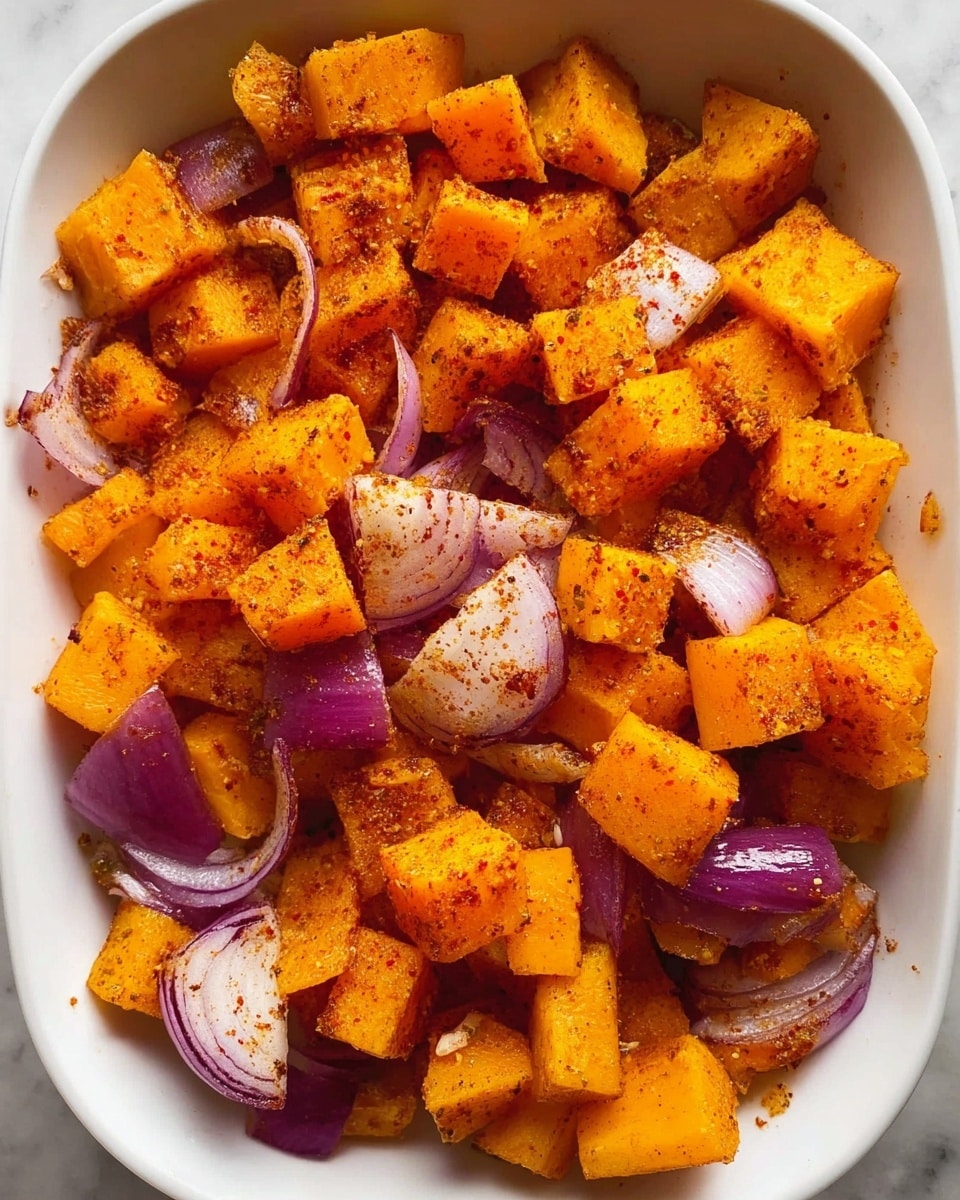 The image shows a white dish filled with small cubes of bright orange butternut squash mixed with pieces of sliced purple-red onion. The vegetables are sprinkled with a reddish spice, likely paprika, giving them a slightly dusted look. The texture of the squash appears firm, and the onion slices are scattered unevenly throughout. The dish rests on a white marbled surface. photo taken with an iphone --ar 4:5 --v 7