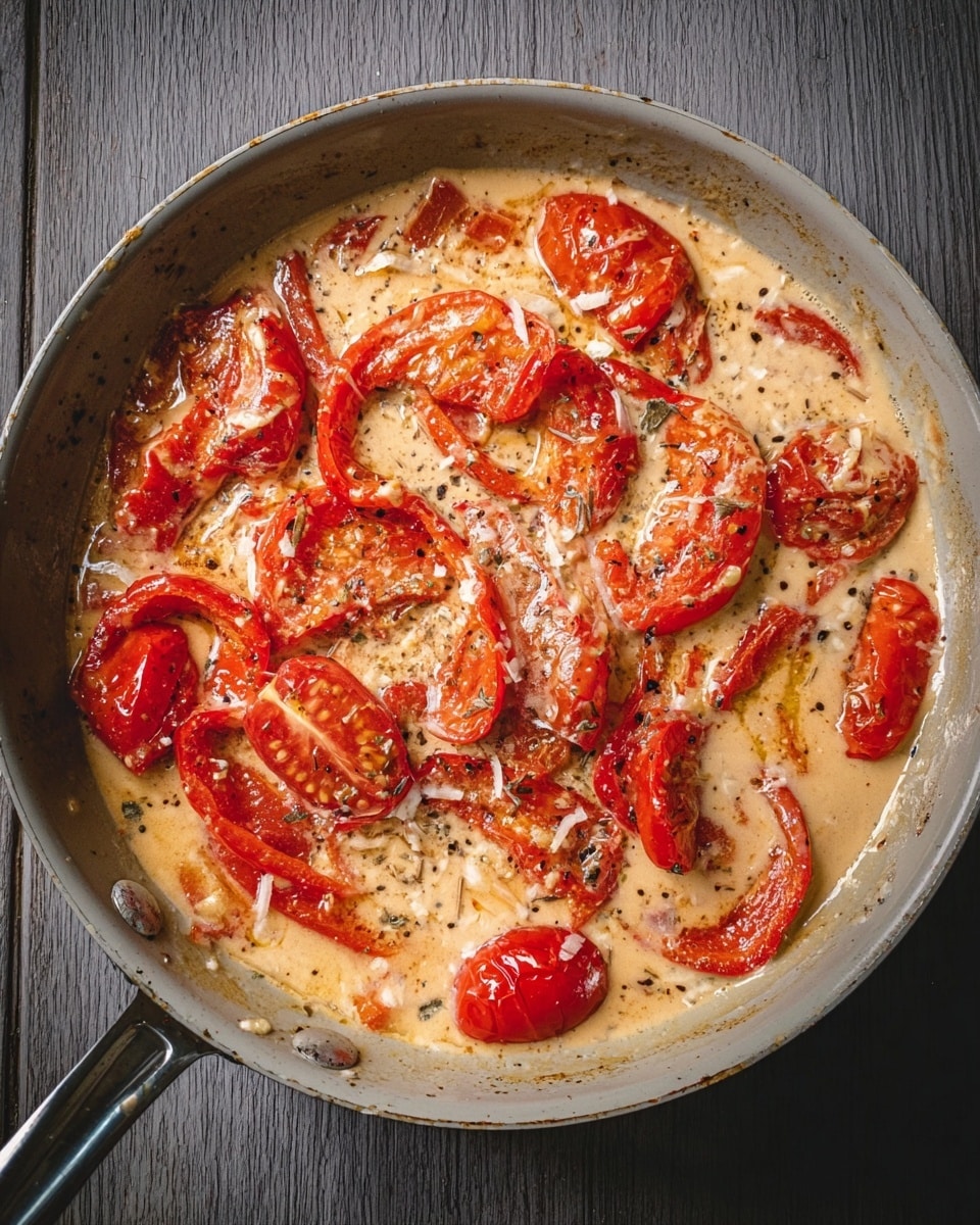 The image shows a light gray frying pan filled with a creamy sauce mixed with roasted red bell pepper slices and halved cherry tomatoes. The sauce is pale beige with specks of black pepper and herbs, while the red pepper pieces appear soft and slightly charred. There are small white bits sprinkled on top, possibly garlic or cheese, adding texture. The pan has a metal handle and sits on a surface with a dark wood look, replaced by a white marbled texture in the description. photo taken with an iphone --ar 4:5 --v 7