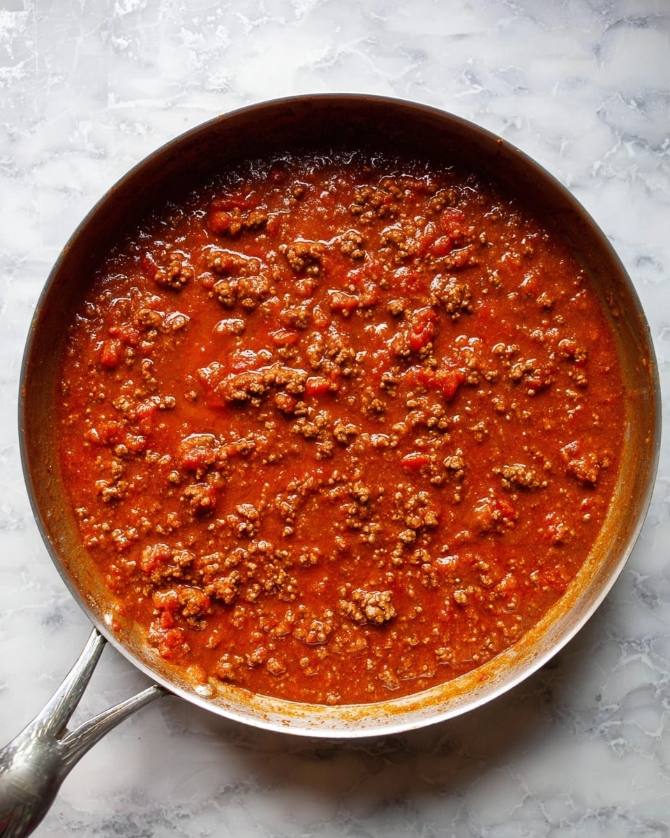 A large silver pan filled with a rich, thick red sauce mixed with finely ground meat and small tomato chunks, creating a textured surface that looks hearty and well-cooked, placed on a white marbled surface. The sauce has an even spread with a slight oily shine on top, showing depth and a slow-cooked feel. The pan’s handle is visible and extends outward. photo taken with an iphone --ar 4:5 --v 7