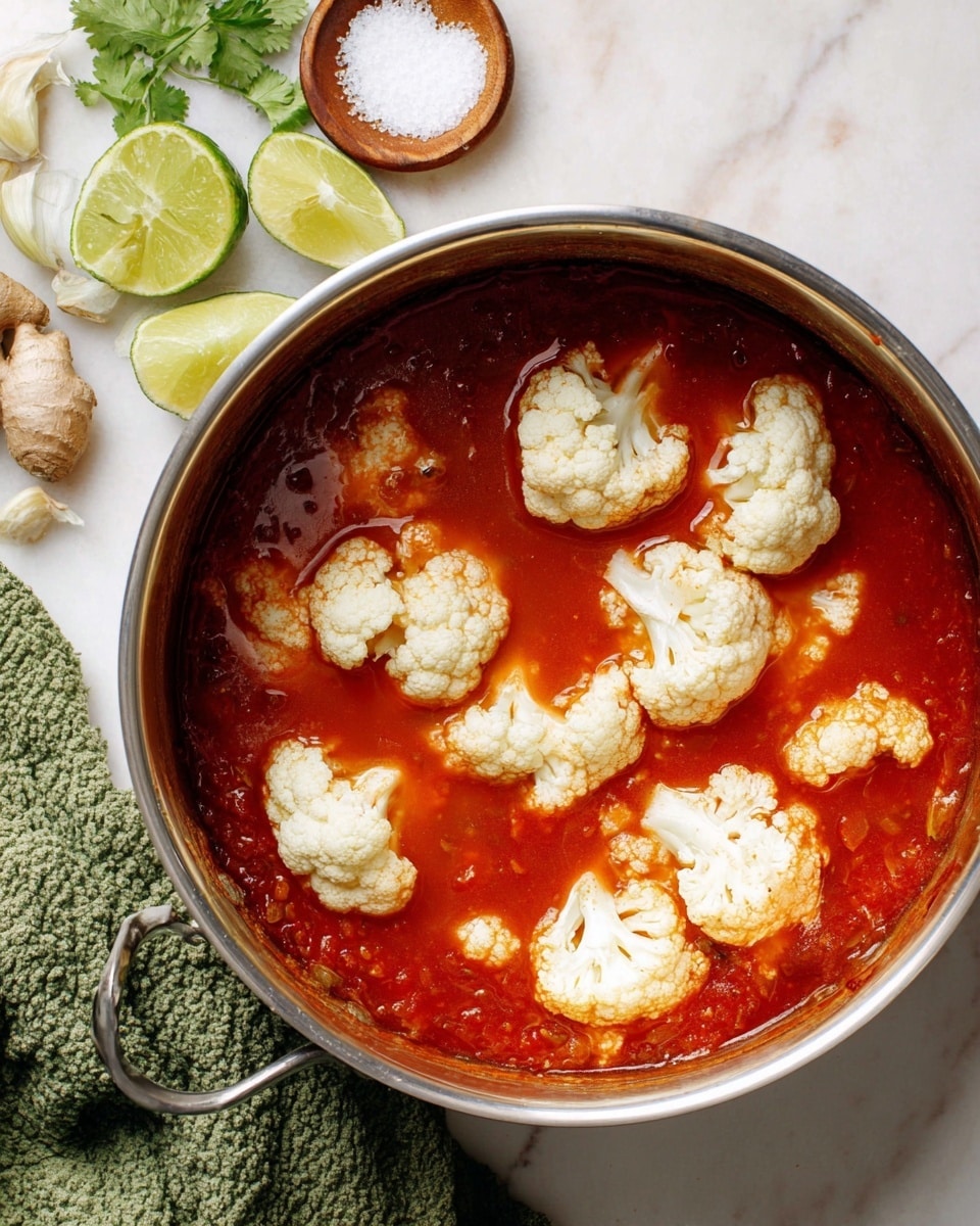 Inside a metal pot, there is a bright red sauce with a smooth texture, filling the bottom and middle layers. Floating on top are seven pieces of white cauliflower, each with a bumpy texture and varying sizes, scattered across the red sauce in the upper layer. The pot sits on a white marbled surface, beside a wooden spoon filled with white salt, two lime wedges showing their bright green inside, pieces of ginger, and garlic cloves. A green textured cloth is partially visible in the bottom left corner. Photo taken with an iphone --ar 4:5 --v 7