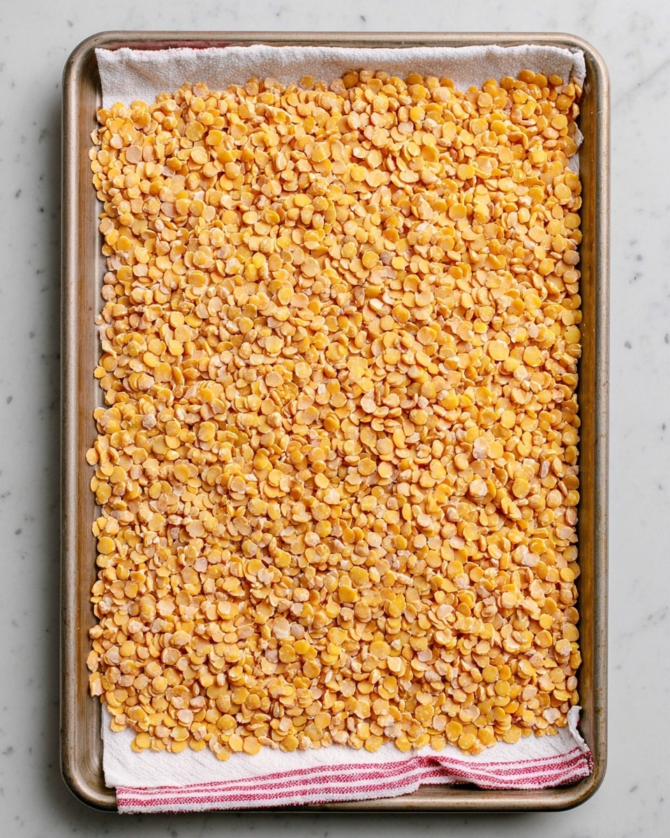 A large metal baking tray lined with a white and red striped cloth holds a single layer of split yellow lentils spread evenly across the entire surface. The lentils vary slightly in shades of pale yellow and light golden brown and have a dry, smooth texture. The tray sits on a white marbled surface that adds a clean and bright background to the image. photo taken with an iphone --ar 4:5 --v 7