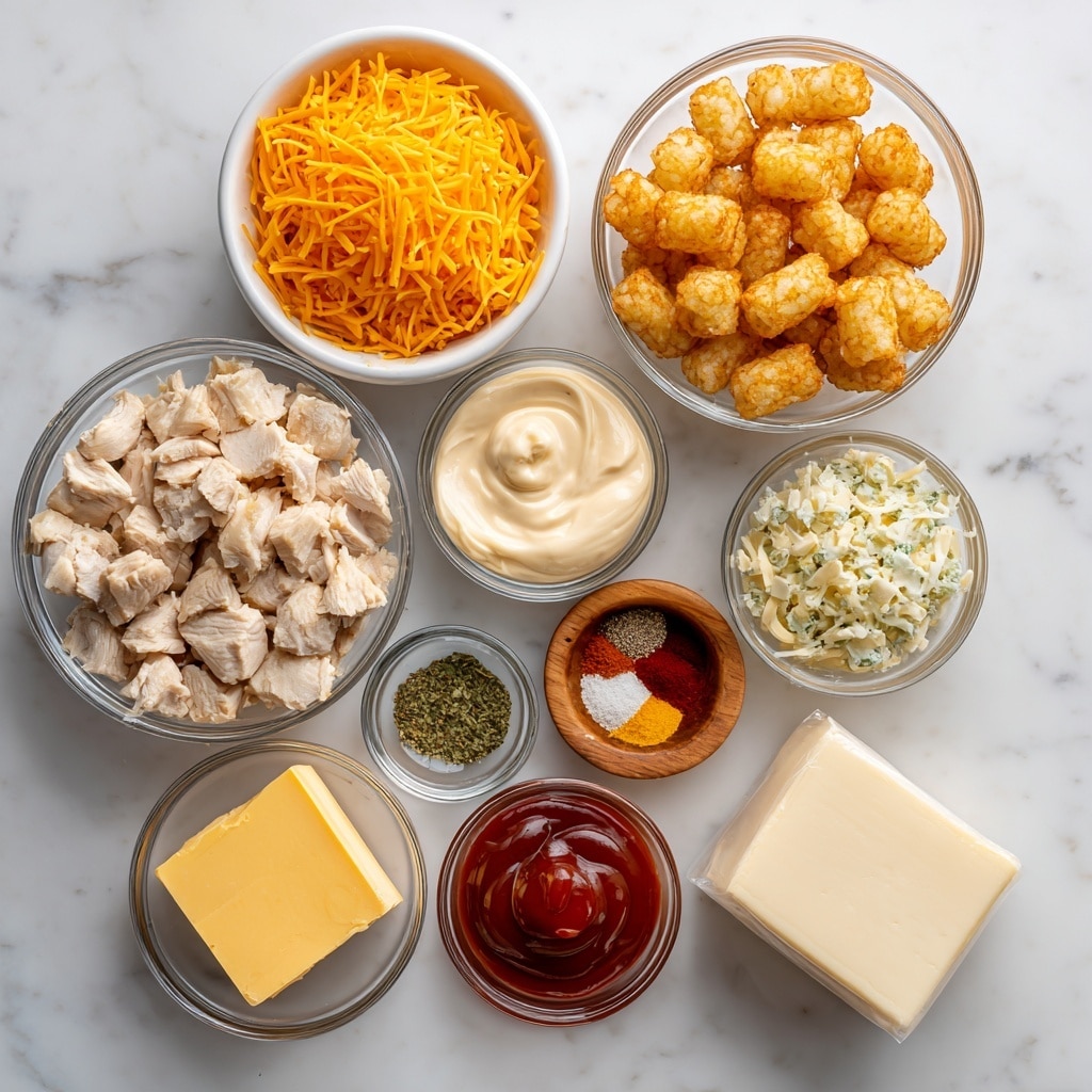 A top-down view of a white marbled surface with various ingredients in clear glass bowls and a white bowl arranged neatly. At the top left is a white bowl full of shredded bright orange cheddar cheese. To the right is a glass bowl filled with light golden, crispy tater tots. Below the cheese is a glass bowl filled with chopped cooked chicken, showing a mix of white and light brown pieces. In the middle is a small glass bowl of creamy, pale mayonnaise. Next to it, on the right, is a small wooden bowl holding a few different spices in red, yellow, and white colors. Beneath the mayonnaise is a glass bowl filled with bright red buffalo sauce. To the right of the sauce is a smaller glass bowl with a pale yellow square of butter. Below the chicken is a small glass bowl with light green ranch seasoning mix. On the bottom left is a small glass bowl with dark brown Worcestershire sauce. At the bottom right is an open package of cream cheese, showing a soft, white rectangular block. Photo taken with an iphone --ar 4:5 --v 7