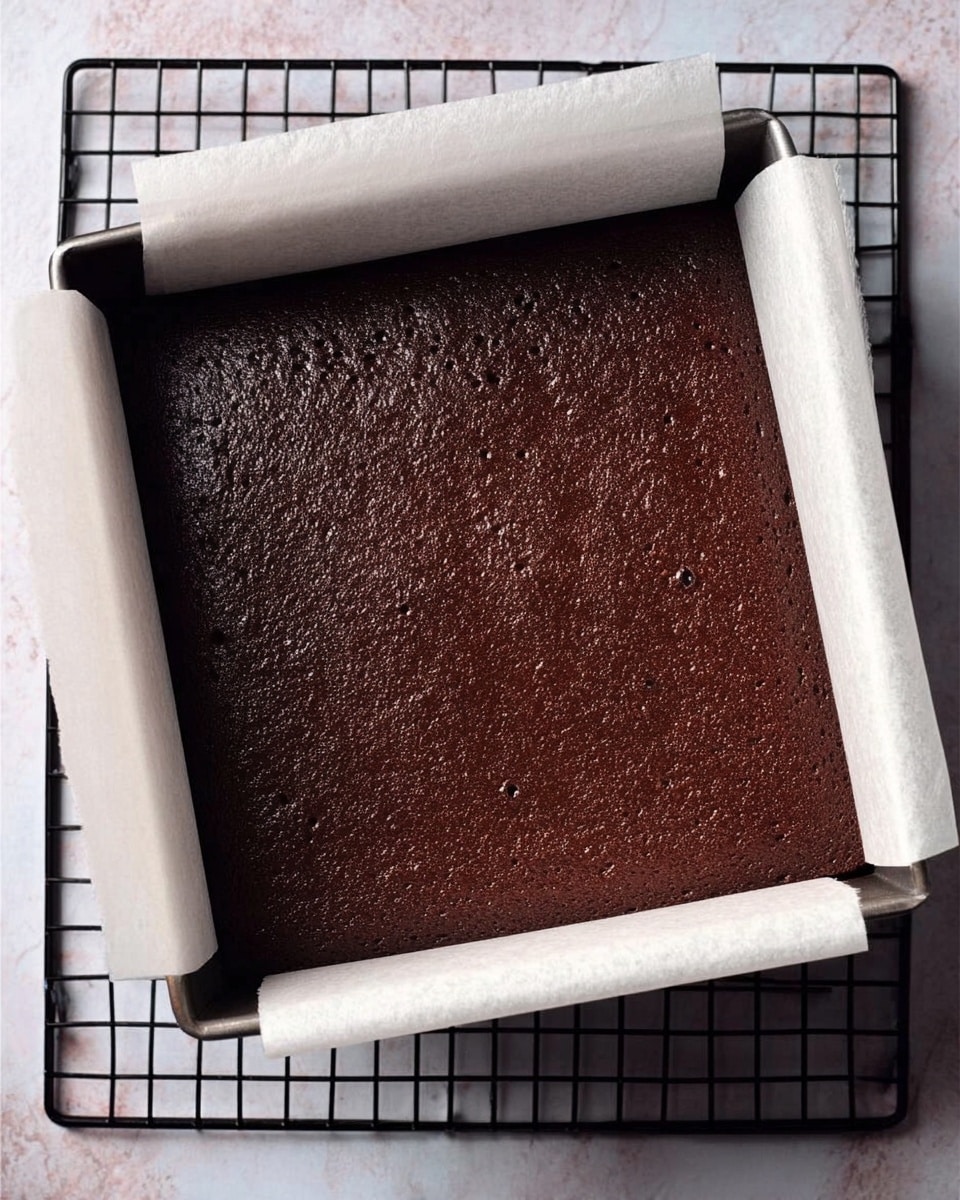 A square chocolate cake layer sits evenly in a white parchment paper-lined metal baking pan, showing a rich, dark brown color with a slightly rough texture and a few small bubbles on the surface. The pan is placed on a black cooling rack, all set on a white marbled surface. Photo taken with an iphone --ar 4:5 --v 7