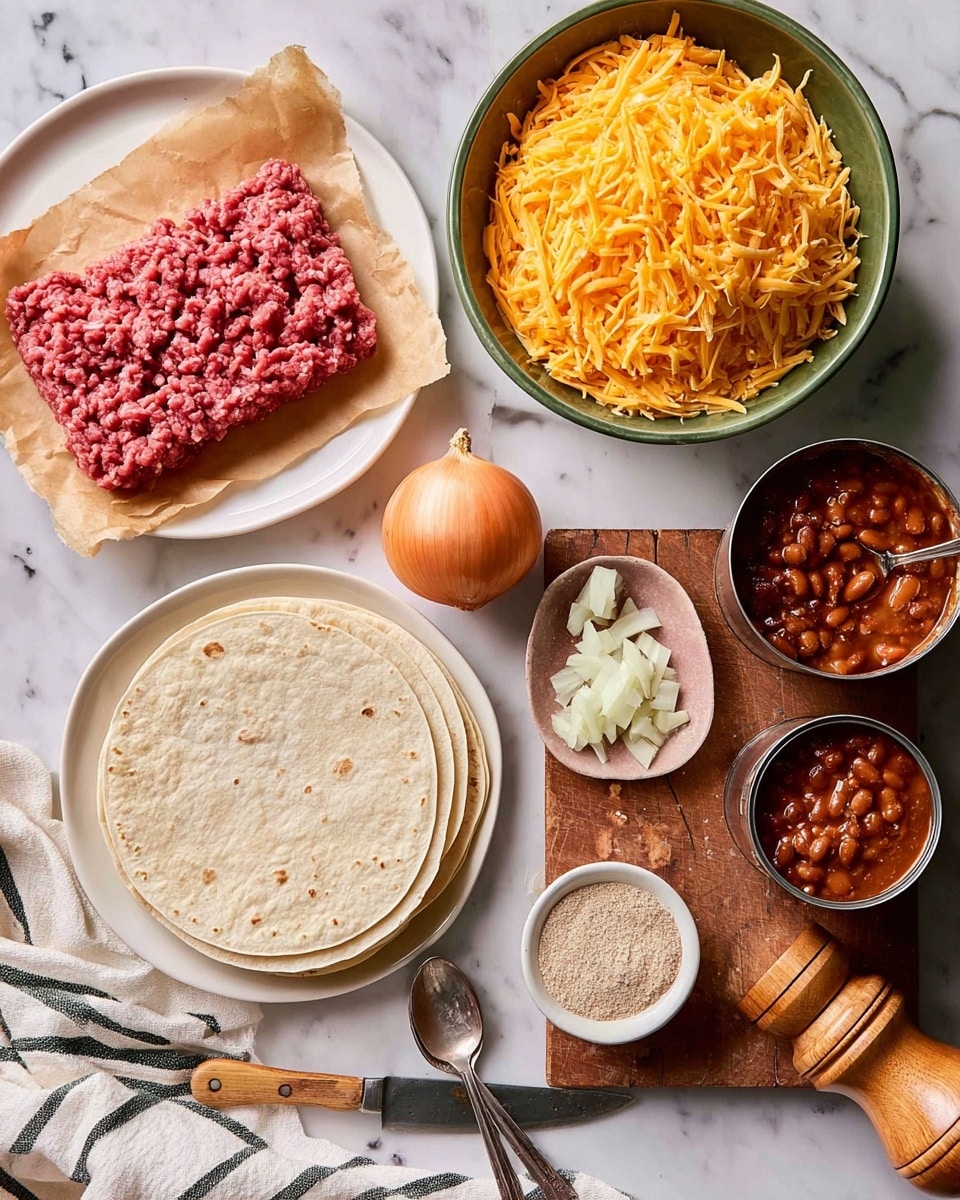 The image shows several ingredients arranged neatly on a white marbled surface. There is a white plate with a rectangular piece of raw minced meat on brown parchment paper on the left side. Above it, a white bowl holds a large pile of shredded orange cheese. To the right of the cheese bowl, two open cans reveal a rich, red bean chili. Below the cans, a wooden cutting board has a whole yellow onion and diced onion pieces next to a small knife with a light wooden handle. Below the minced meat plate, there is a white plate with three soft tortillas stacked in layers. Next to the tortillas, a small white bowl contains a beige powdery spice with two metal spoons lying beside it. A light wooden pepper grinder is near the top left corner, and a cream cloth with black stripes is on the bottom right corner. Photo taken with an iphone --ar 4:5 --v 7