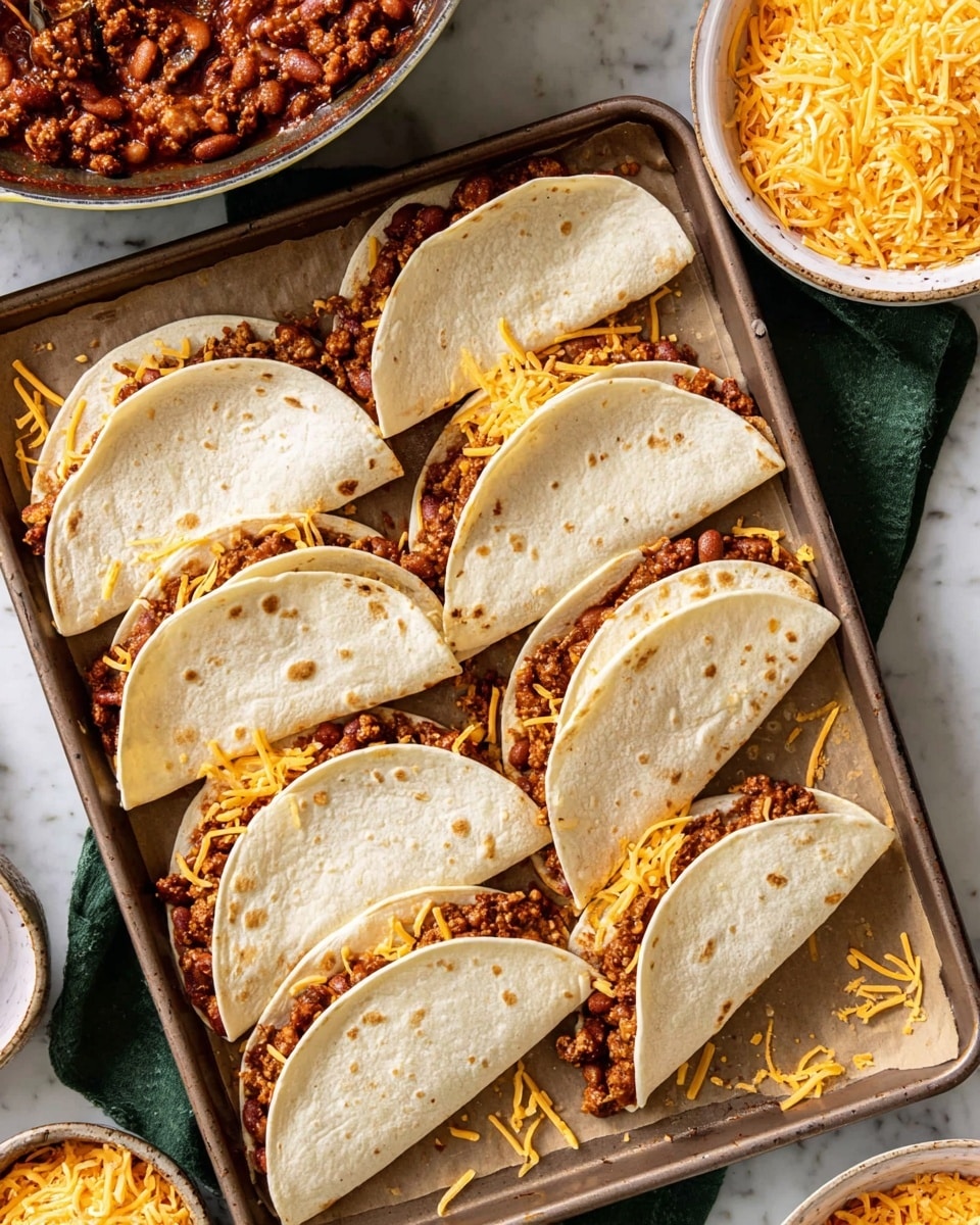 The image shows six soft tortillas folded in half on a baking tray lined with parchment paper, each filled with two visible layers: the bottom layer is a reddish-brown chili mix with beans and ground meat, and the top layer is bright orange shredded cheese sprinkled unevenly. The tortillas are light beige with slight browning spots, arranged side by side with some loose cheese scattered around them. Around the tray, on the white marbled surface, there is a white bowl filled with more shredded cheese and part of a skillet with the chili mixture visible at the edge. Photo taken with an iphone --ar 4:5 --v 7