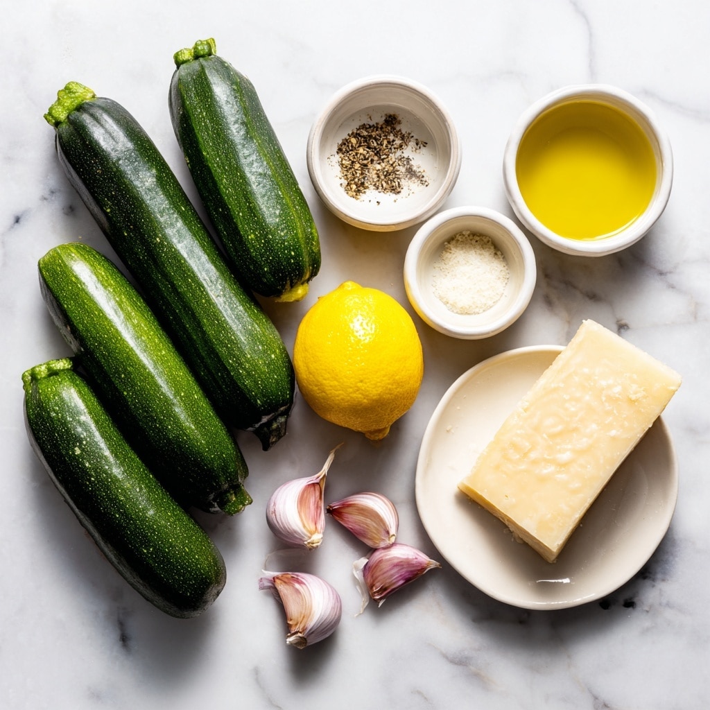 The image shows fresh ingredients neatly arranged on a white marbled surface. On the left, there are six dark green zucchinis stacked together. Below them are two small white bowls, one with pepper and the other with salt. In the center is half a yellow lemon, showing its bright inside, labeled lemon zest and juice. Near the lemon, there are four garlic cloves with purple and white skin. On the right, there is a small white bowl filled with golden olive oil above a large wedge of pale yellow parmesan cheese, resting on a white plate. All items are evenly spaced and appear fresh and clean, photo taken with an iphone --ar 4:5 --v 7