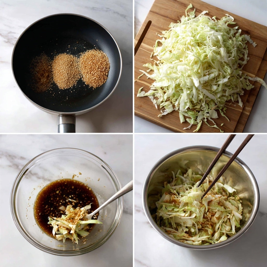 The image shows six steps of making a cabbage salad. First, a black pan holds toasted light brown sesame seeds scattered evenly. Next, there is a pile of freshly shredded cabbage in white and light green shades on a wooden board. Then, a clear bowl contains a dark brown liquid sauce with oily shine and seasoning specks on the sides. After that, shredded cabbage fills a shiny silver bowl topped with toasted sesame seeds and dark sauce. The next step shows the cabbage mixed well with the sauce in the same silver bowl with a silver spoon inside. Lastly, chopsticks hold a small portion of the mixed cabbage salad with visible light green and white cabbage strips coated with the dark dressing. All are placed on a white marbled texture photo taken with an iphone --ar 4:5 --v 7