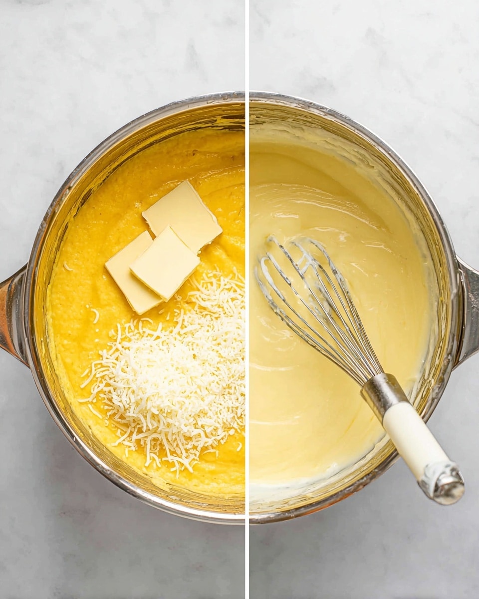 The image shows two side-by-side views of a stainless steel pot on a white marbled surface. On the left, inside the pot, there is a thick yellow batter layer covering the bottom, topped with three yellow butter pieces on the left side, a heap of shredded white cheese in the center, and white cream poured on the bottom right side; a metal whisk with a white handle is resting in the pot, touching the ingredients. On the right, the pot contains a smooth, creamy yellow mixture that has been fully mixed, with the same metal whisk lying on the surface. The light reflects softly on the pot and mixture, highlighting the creamy texture. Photo taken with an iphone --ar 4:5 --v 7