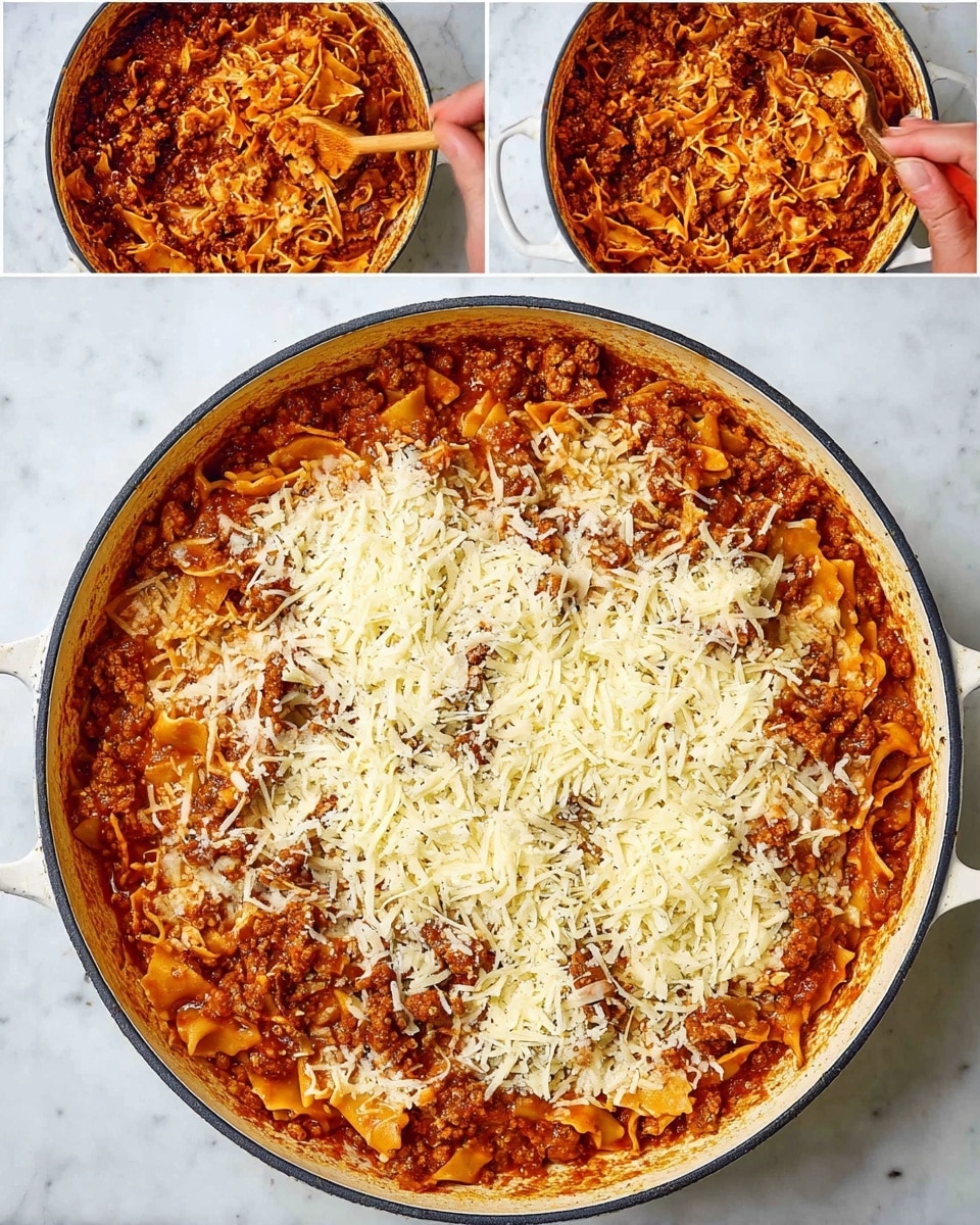 The image shows a white skillet filled with a layered lasagna dish at three different cooking stages. In the first layer, the skillet is filled with a rich orange-red sauce mixed with browned ground meat, spread evenly over lasagna noodles at the bottom. The second stage shows a woman's hand stirring the mixture, softening and mixing the noodles and sauce together, creating a rough textured layer of noodles coated with thick meat sauce, deep orange and brown in color. The final stage reveals the dish topped with shredded white cheese, scattered unevenly over the rich sauce and noodles mixture, with visible chunks of meat and sauce underneath, ready to be baked. The skillet sits on a white marbled surface. photo taken with an iphone --ar 4:5 --v 7