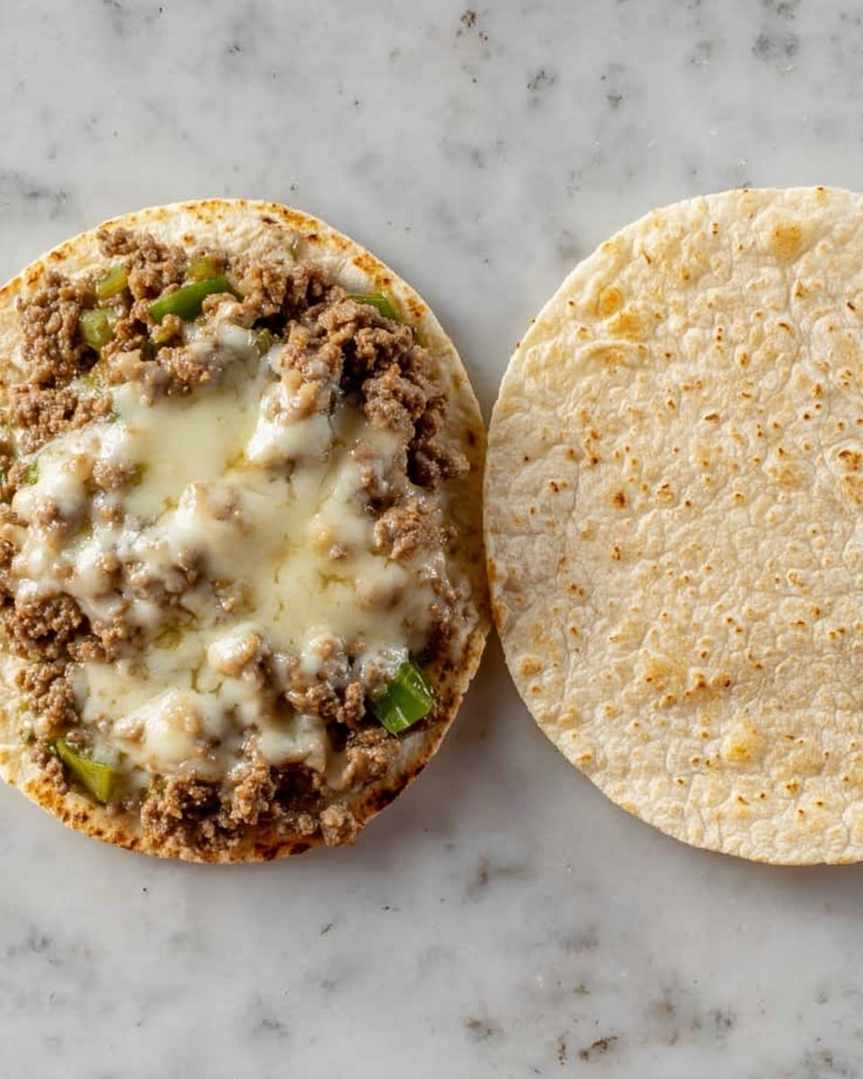 The image shows two small round tortillas placed side by side on a white marbled surface. The left tortilla is topped with a layer of cooked ground meat mixed with small green vegetable pieces, covered by a slightly melted layer of white cheese that has some light brown spots from heating. The right tortilla is plain with a soft, textured surface and no toppings. The contrast between the loaded tortilla on the left and the plain one on the right highlights the layers and ingredients clearly. photo taken with an iphone --ar 4:5 --v 7