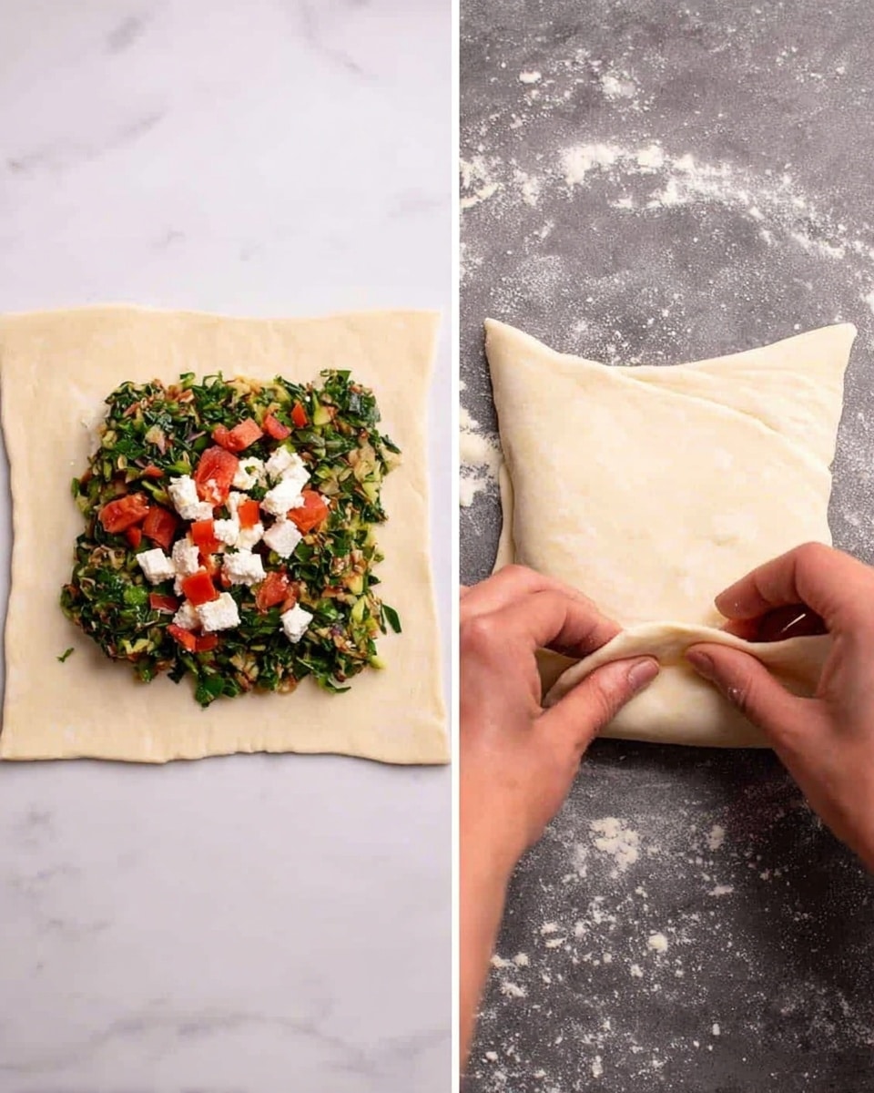 The image shows two side-by-side steps of making a stuffed dough square. On the left, there is a flat, pale dough square on a white marbled surface topped with a layer of cooked green leafy vegetables mixed with other finely chopped ingredients. On top of that, there are small pieces of white cheese scattered, and diced red tomatoes are placed on the very top. On the right, two woman's hands are folding the dough square from the edges inward, covering the filling completely, making a neat, soft dough pocket. Photo taken with an iphone --ar 4:5 --v 7