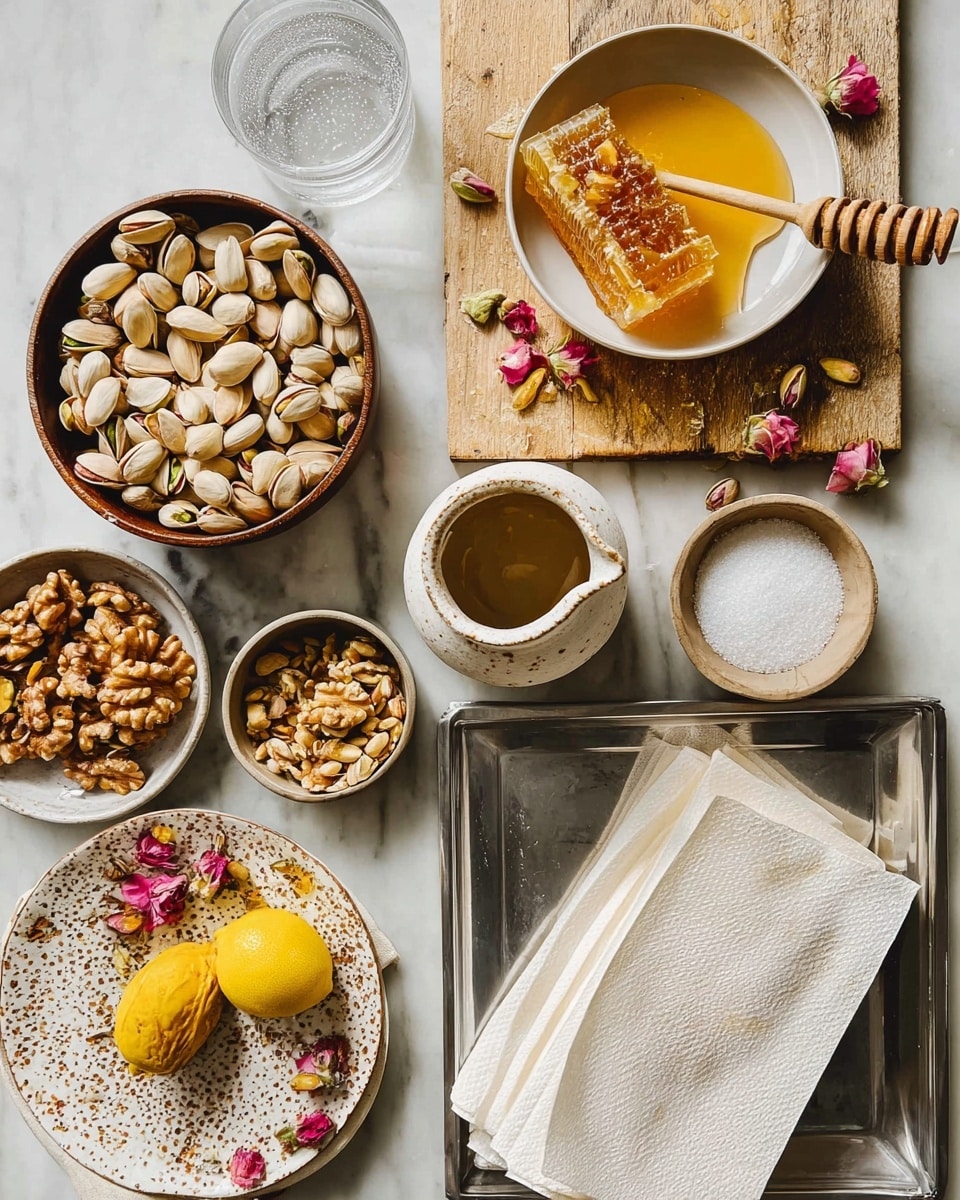 The image shows a metal rectangular tray with multiple layers of thin, white pastry sheets at the base. On top, there is a layer of crushed nuts, mainly green pistachios mixed with finely ground light brown crumbs, spread unevenly across the surface. A silver spoon scoops some of the nut mix in the middle of the tray. This tray is placed on a wooden board, which also holds a small white bowl with a thick, yellow liquid. Surrounding the board are scattered pistachio shells and crumbs. Nearby, there is a white bowl filled with more of the crushed nut mixture and a beige plate with some yellow crumbs and a few dried rose petals. The background has a white marbled texture. photo taken with an iphone --ar 4:5 --v 7