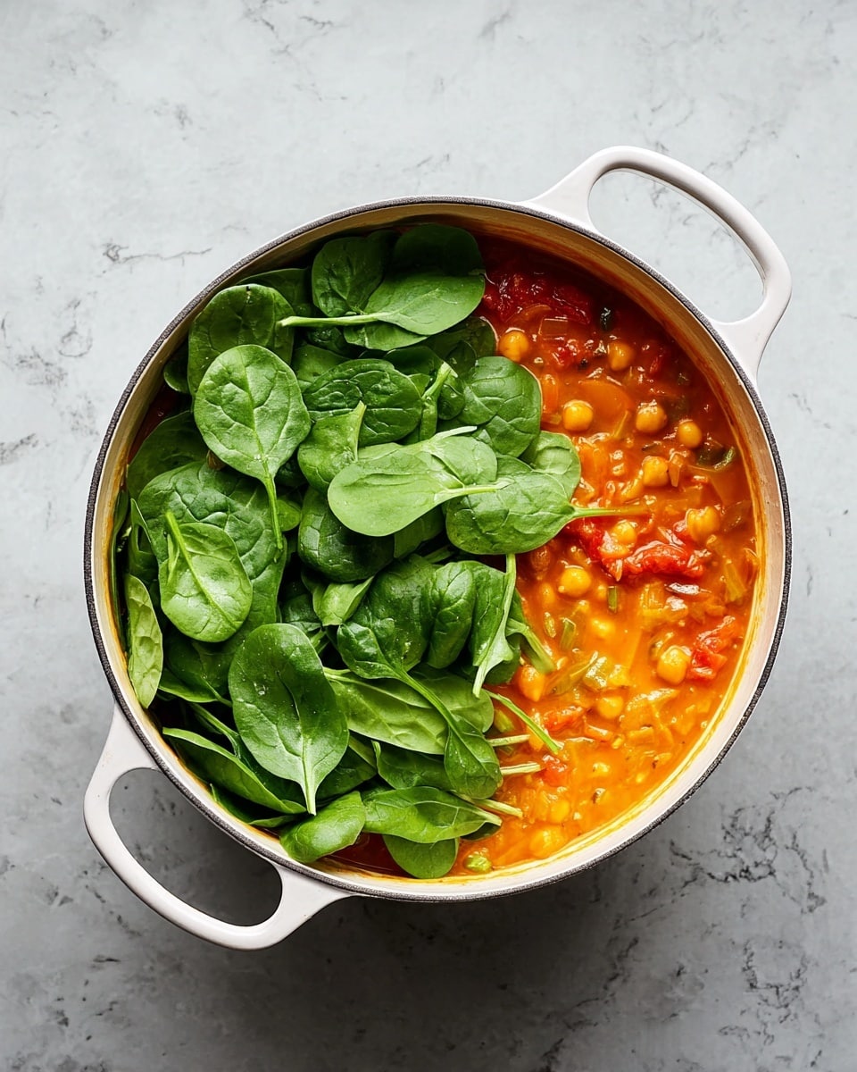 A white pot with two handles contains a thick orange stew with visible chunks of chickpeas and small pieces of tomato and other ingredients. On one side, a pile of fresh bright green spinach leaves is placed on top of the stew, partly covering it. The pot is set on a white marbled surface. The photo is taken from above, showing the stew and greens clearly. photo taken with an iphone --ar 4:5 --v 7