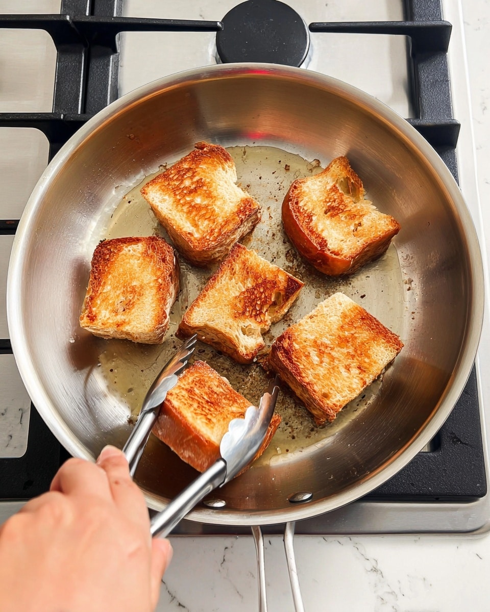 In a shiny silver frying pan over a stove with a black burner, six thick, golden-brown bread pieces are being toasted. The bread pieces are square-shaped with a crispy, toasted surface showing a range of light to darker brown colors, arranged in a loose circle but not touching. A woman's hand is holding silver tongs and flipping one piece of bread, showing the texture of the toasted sides. The scene is set on a white marbled countertop. Photo taken with an iphone --ar 4:5 --v 7